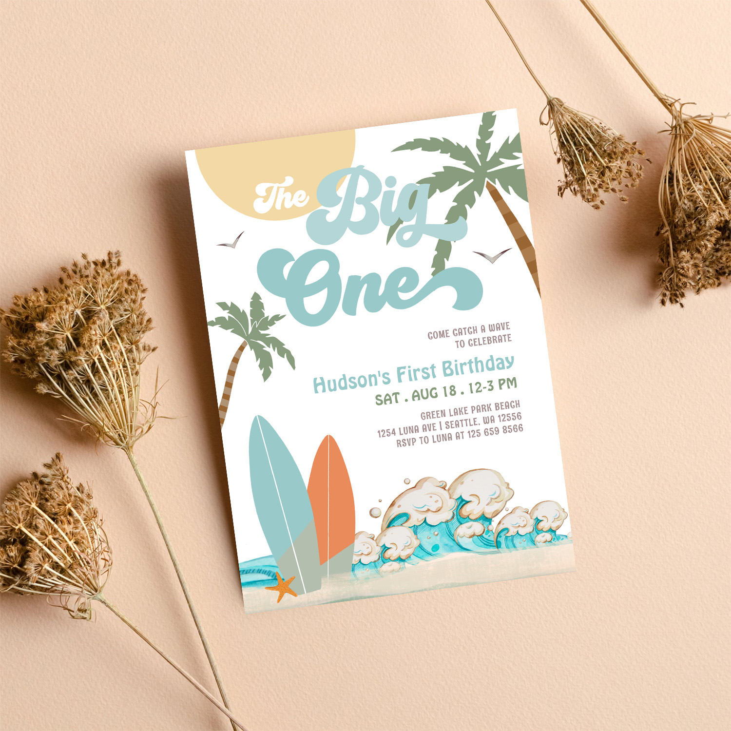 The Big One Surfing Boy 1st Birthday Beach Party Invitation - Image 8