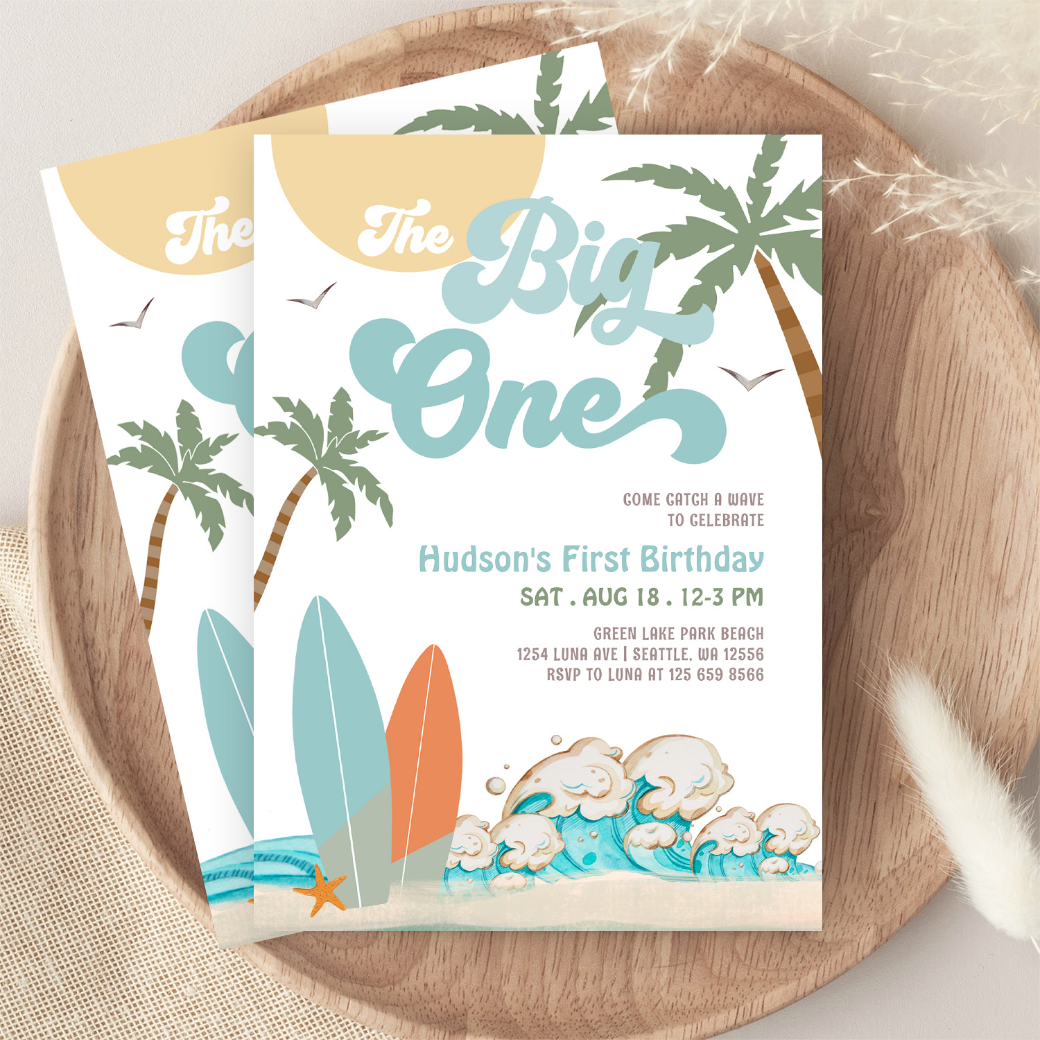 The Big One Surfing Boy 1st Birthday Beach Party Invitation - Image 9