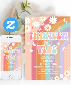 Thirteen Is A Vibe Daisy Groovy 13th Birthday Invitation