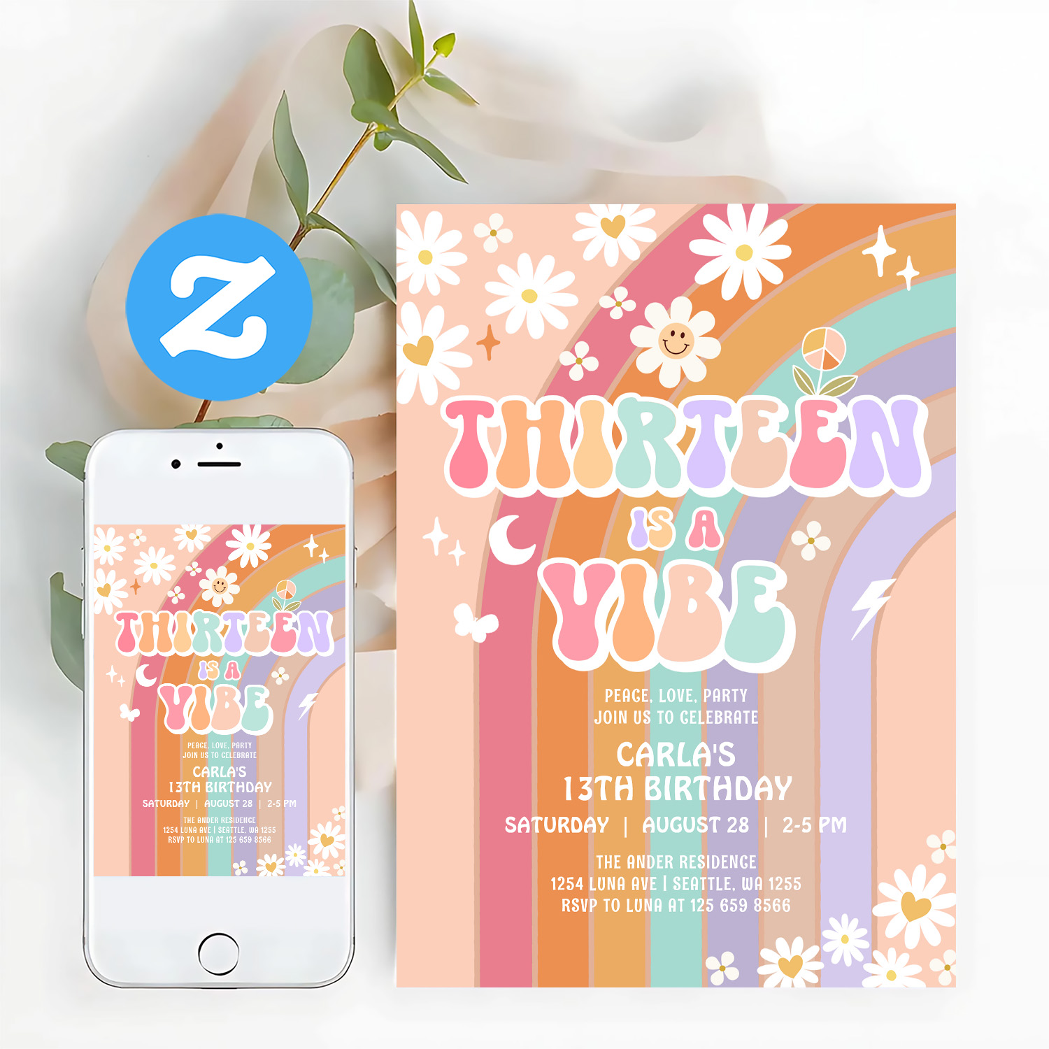 Thirteen Is A Vibe Daisy Groovy 13th Birthday Invitation