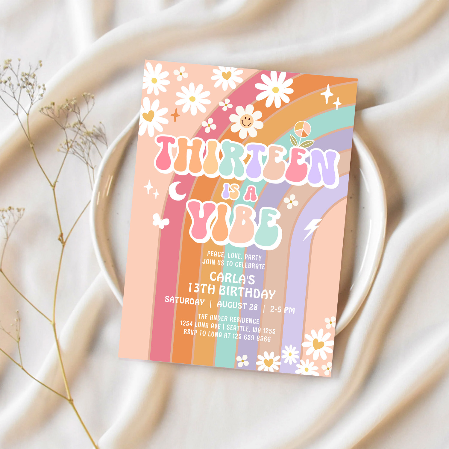 Thirteen Is A Vibe Daisy Groovy 13th Birthday Invitation - Image 2