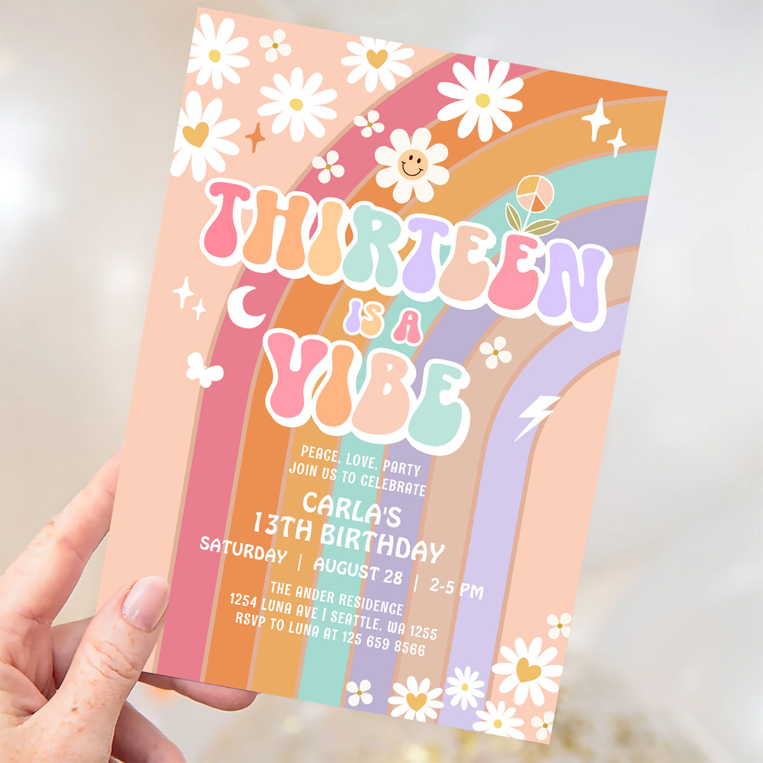 Thirteen Is A Vibe Daisy Groovy 13th Birthday Invitation - Image 3