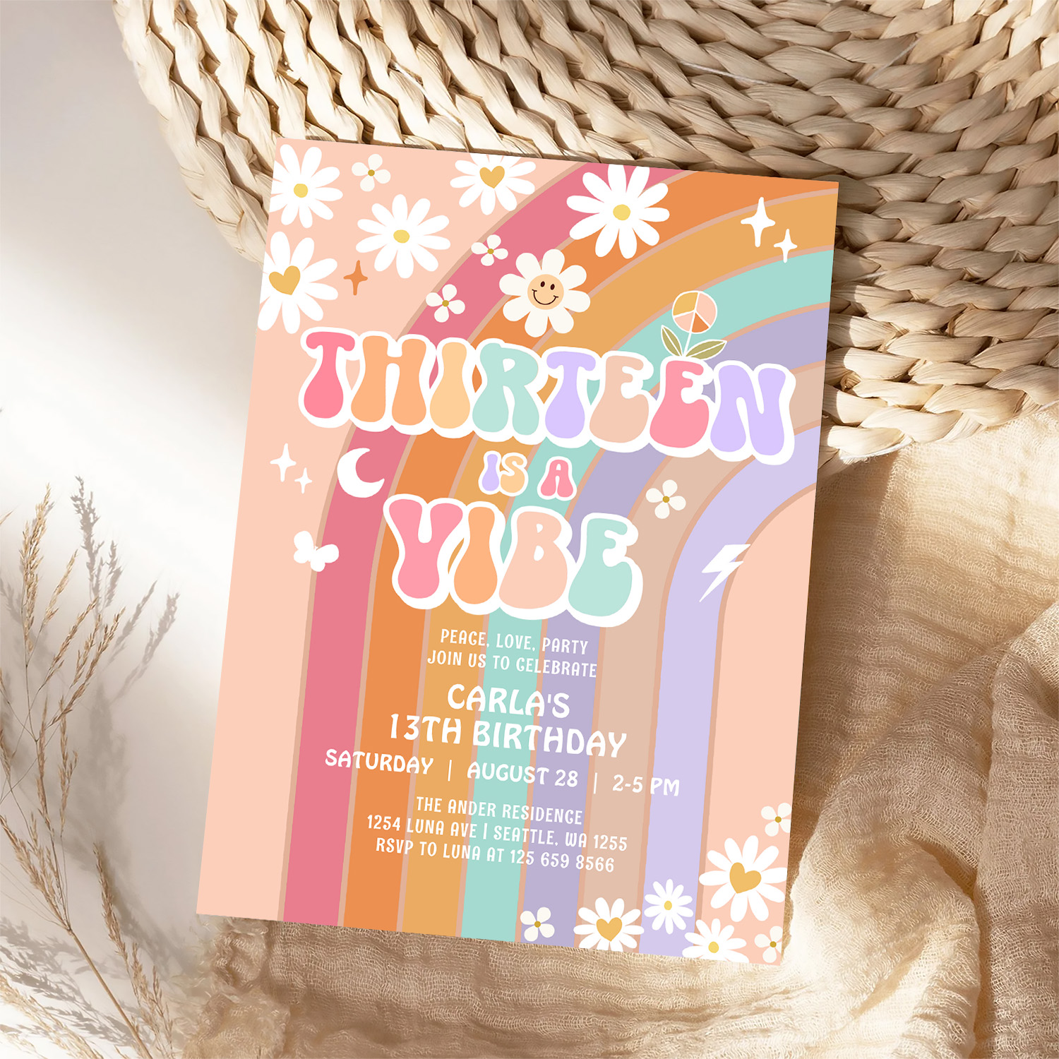 Thirteen Is A Vibe Daisy Groovy 13th Birthday Invitation - Image 4