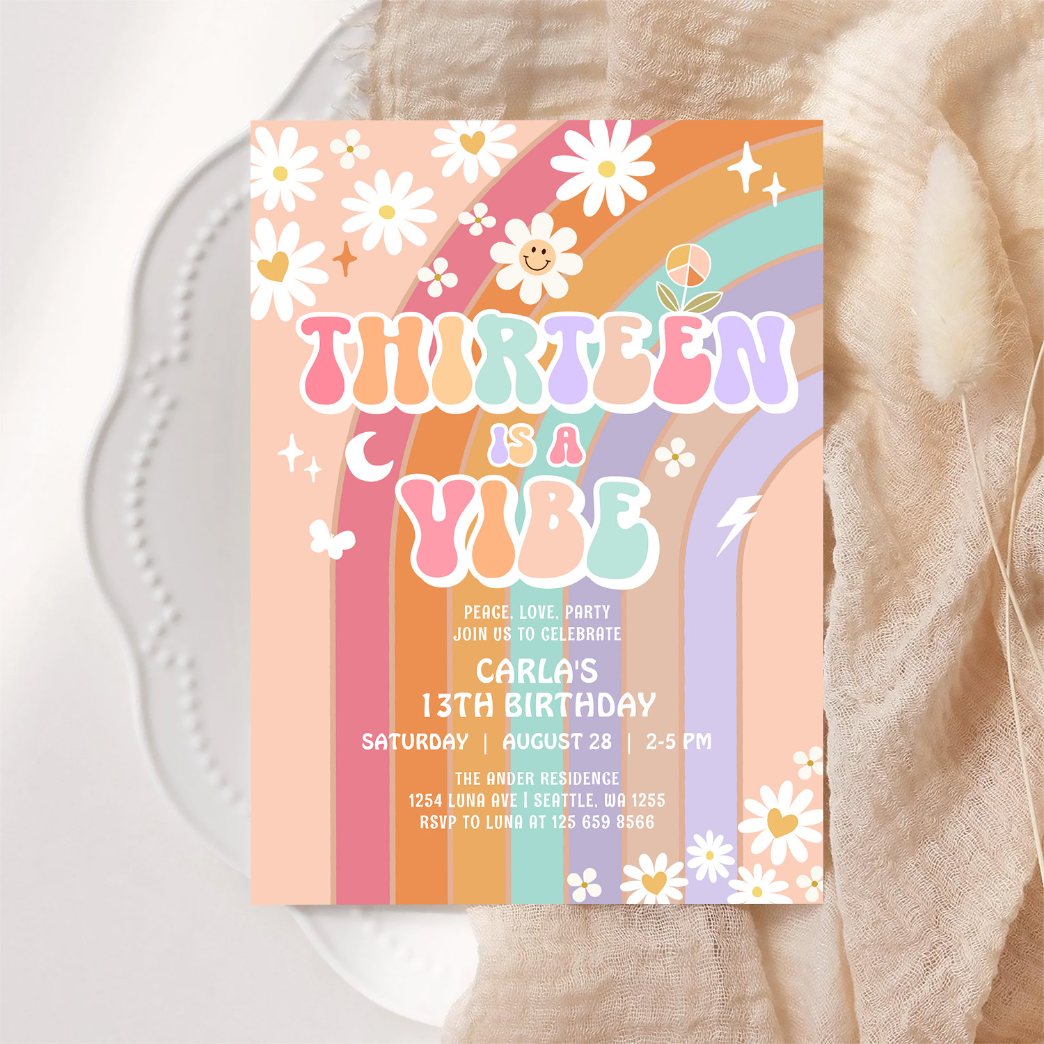 Thirteen Is A Vibe Daisy Groovy 13th Birthday Invitation - Image 6
