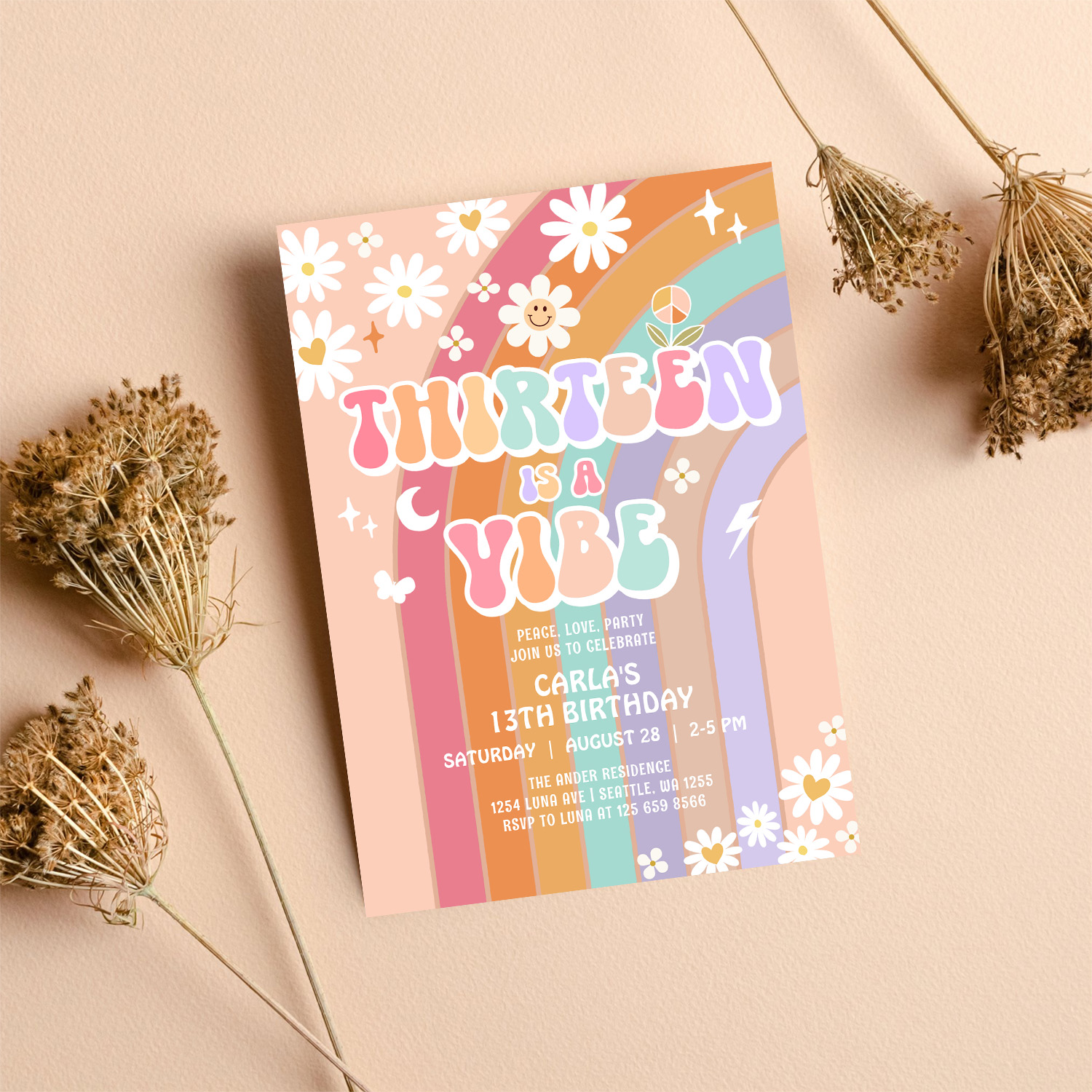 Thirteen Is A Vibe Daisy Groovy 13th Birthday Invitation - Image 8