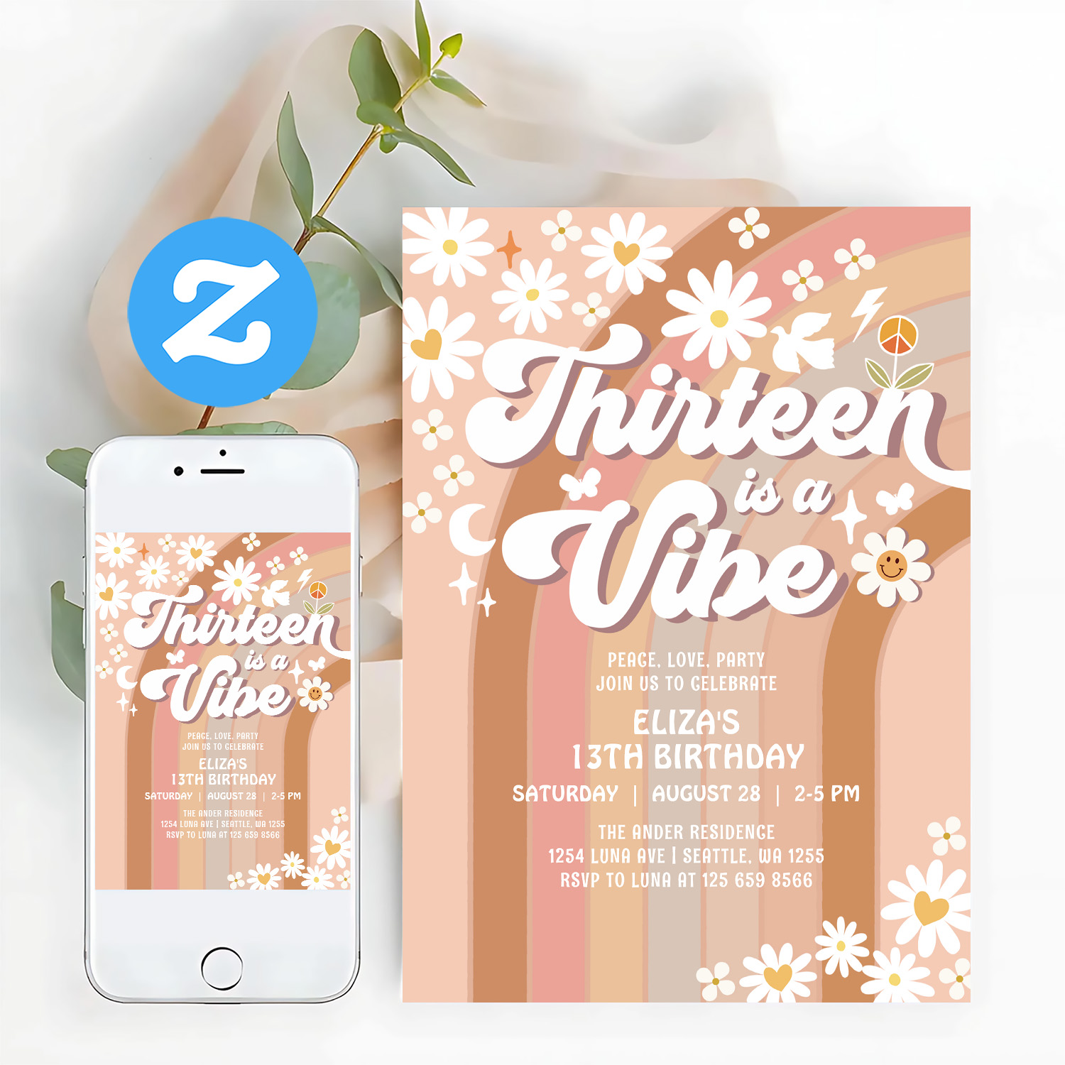 Thirteen Is A Vibe Earthy 70S Groovy 13th Birthday Invitation