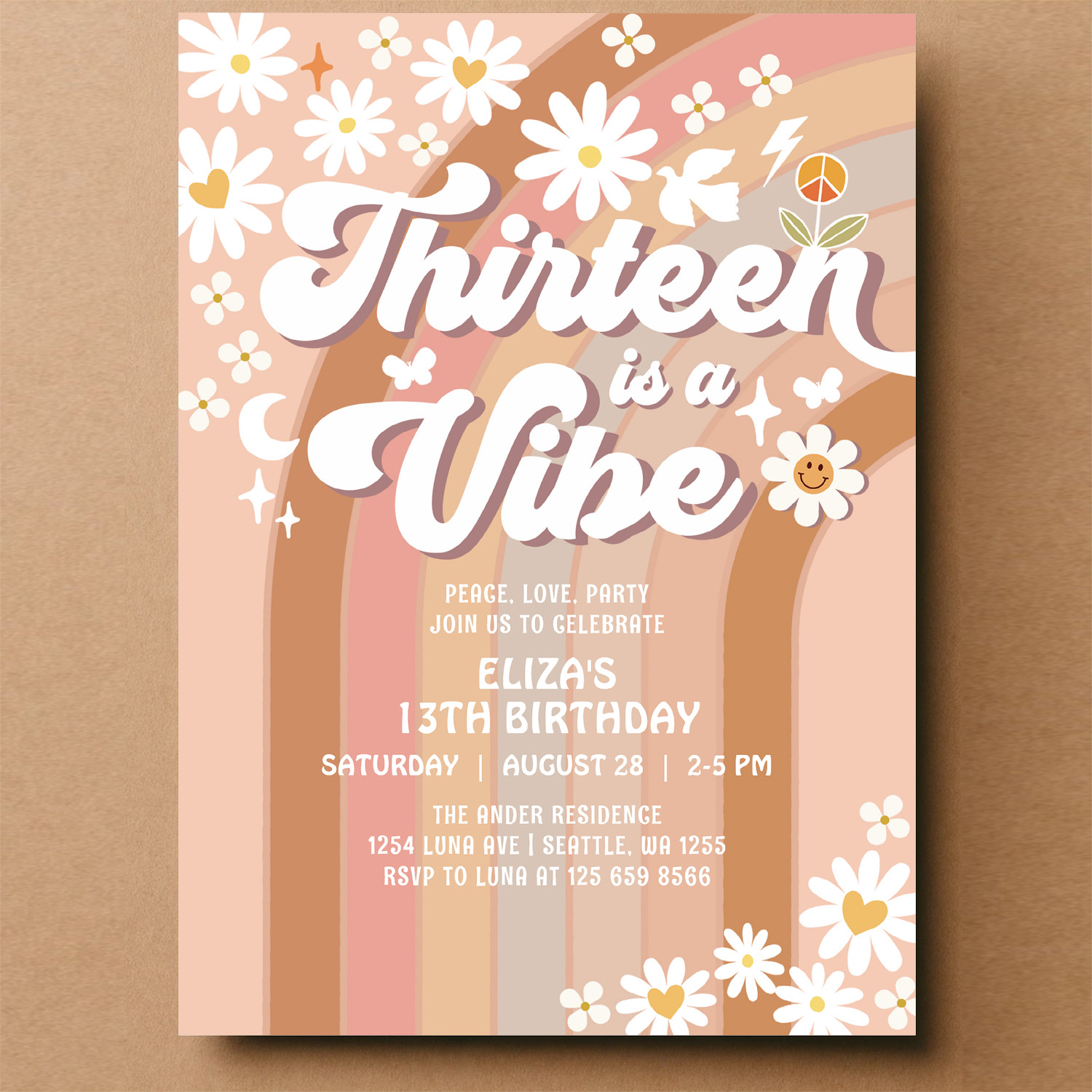 Thirteen Is A Vibe Earthy 70S Groovy 13th Birthday Invitation - Image 14