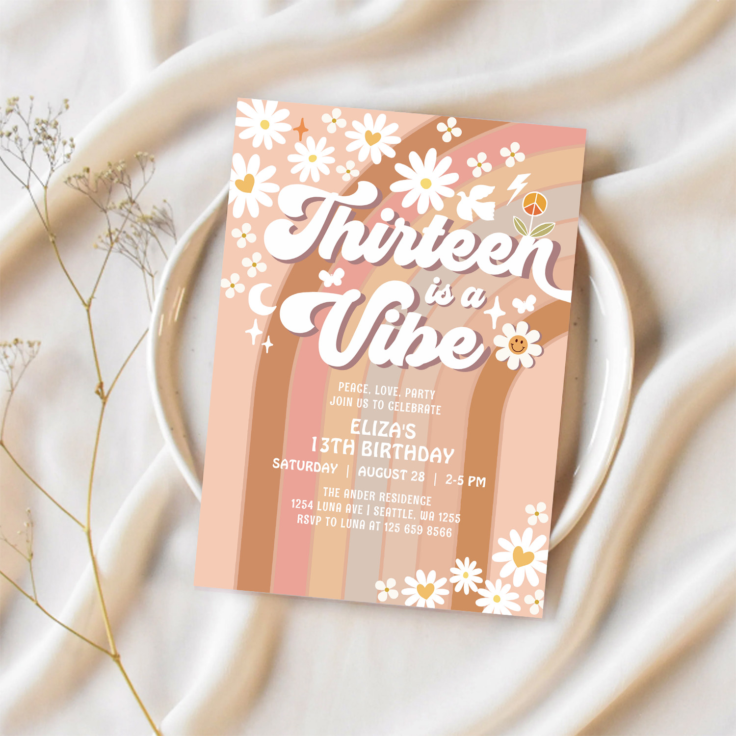 Thirteen Is A Vibe Earthy 70S Groovy 13th Birthday Invitation - Image 2