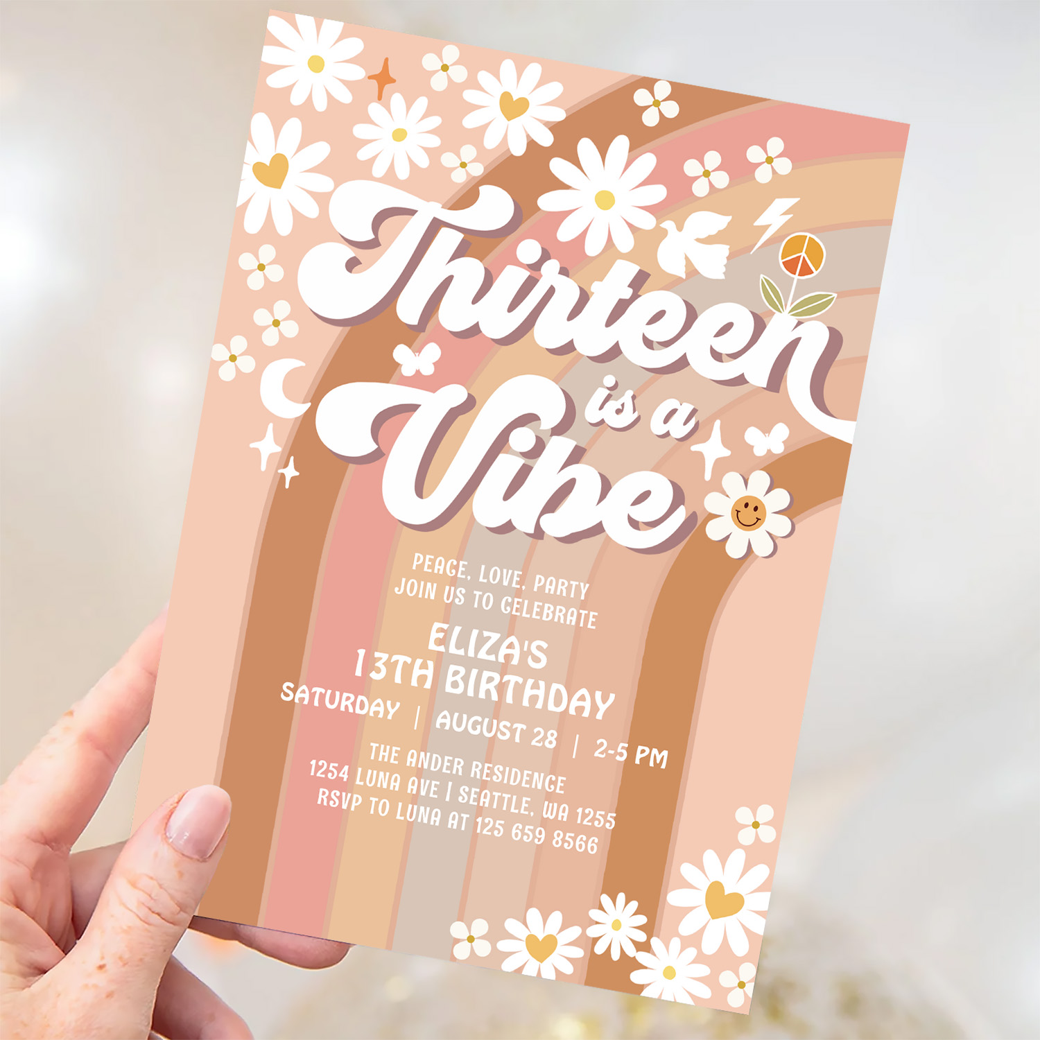 Thirteen Is A Vibe Earthy 70S Groovy 13th Birthday Invitation - Image 3