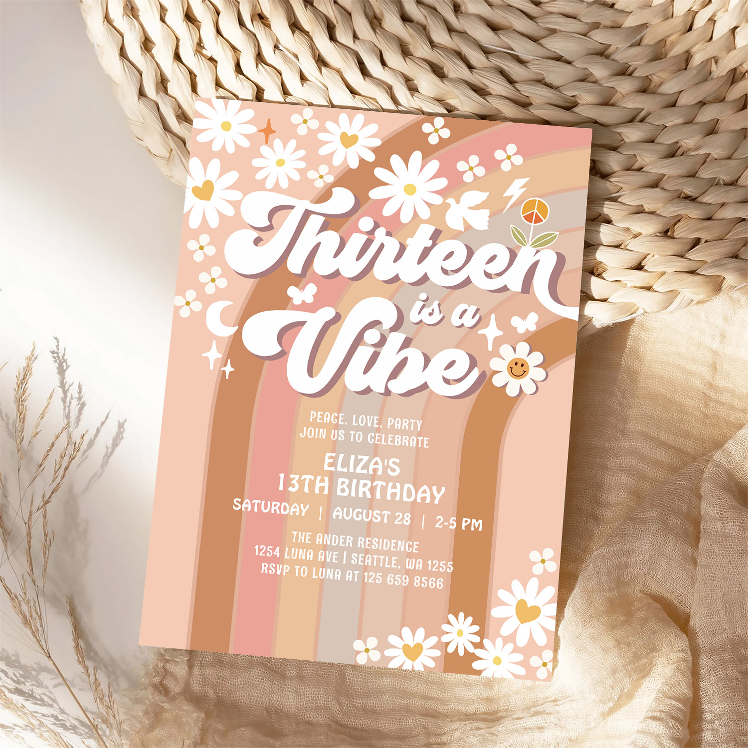 Thirteen Is A Vibe Earthy 70S Groovy 13th Birthday Invitation - Image 4