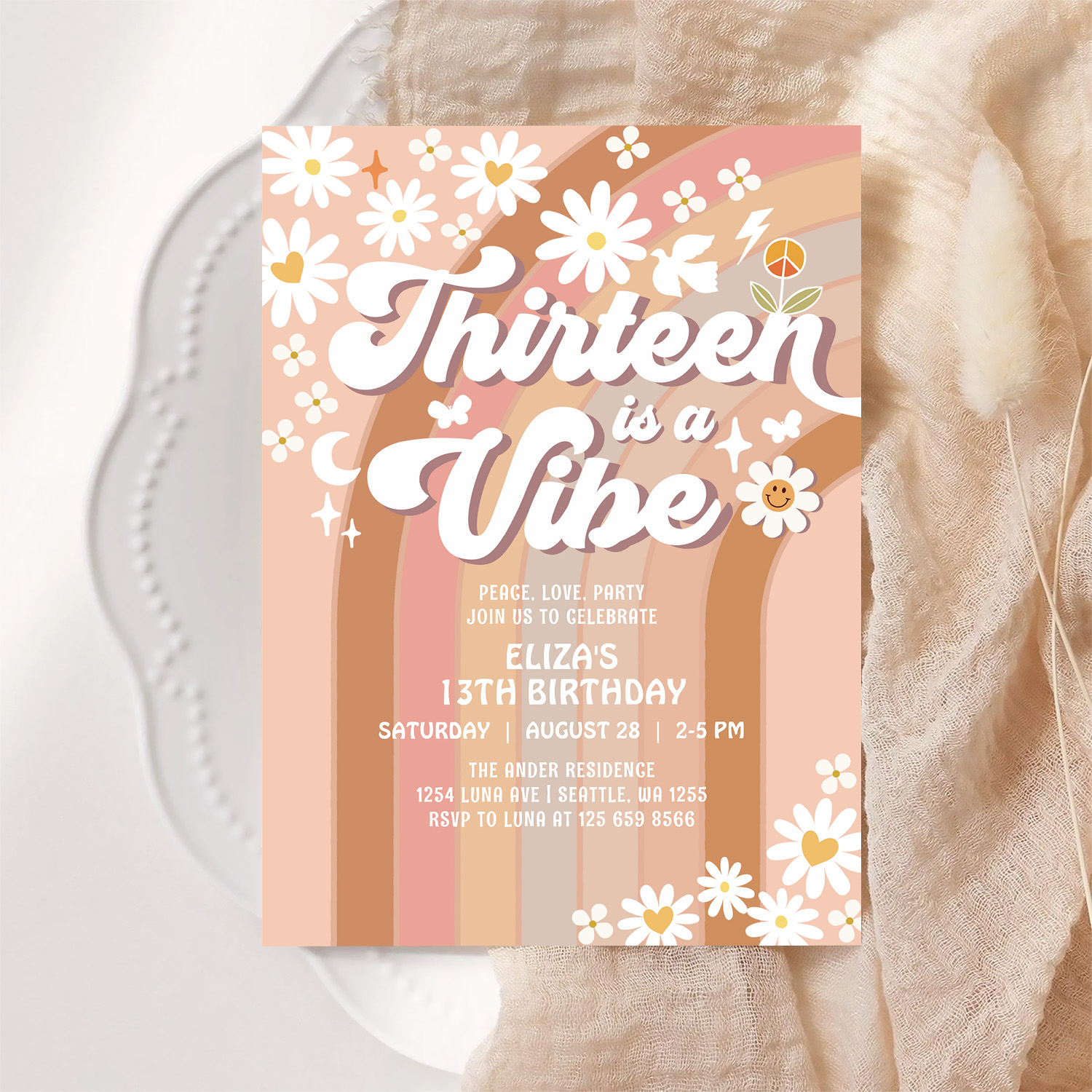 Thirteen Is A Vibe Earthy 70S Groovy 13th Birthday Invitation - Image 6
