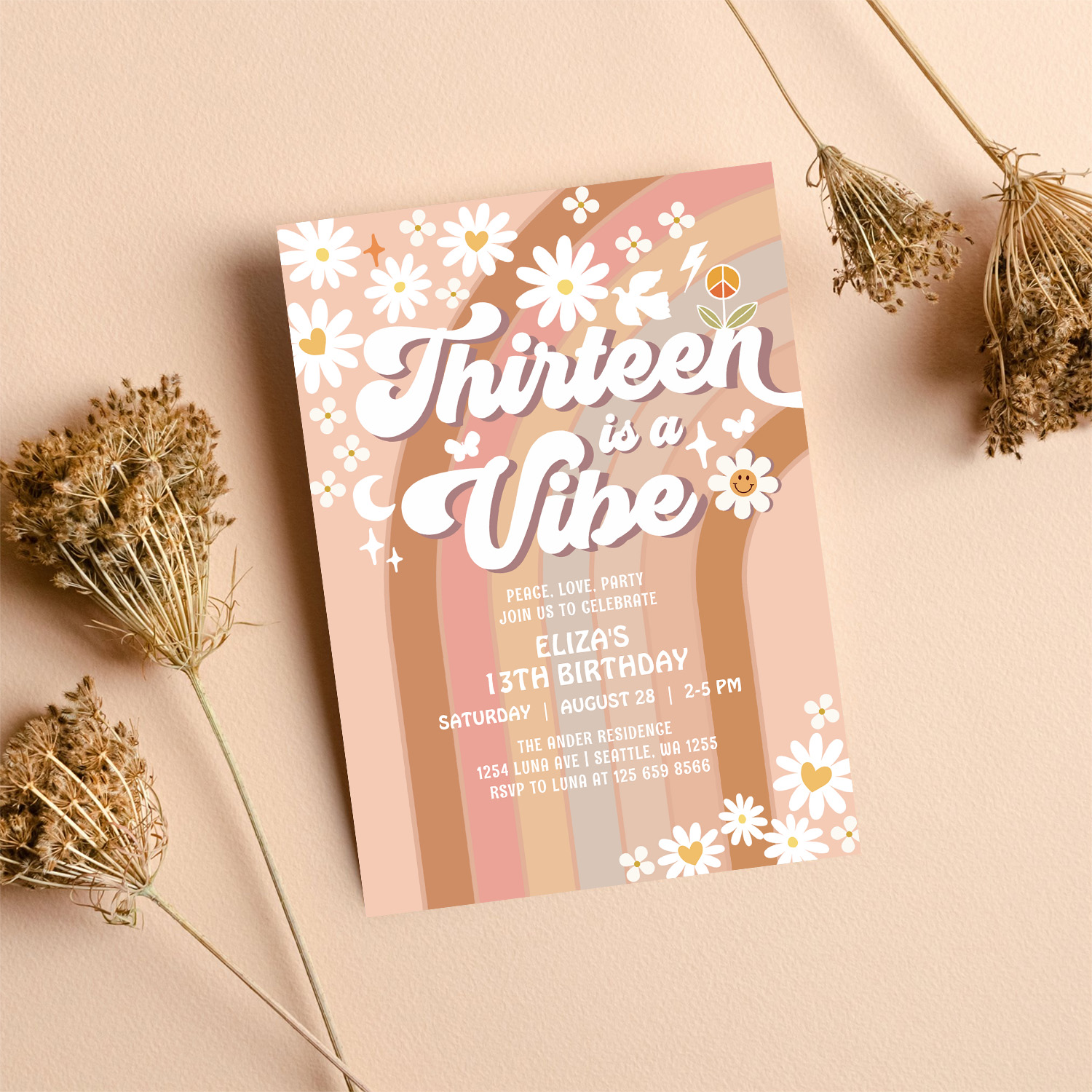 Thirteen Is A Vibe Earthy 70S Groovy 13th Birthday Invitation - Image 8