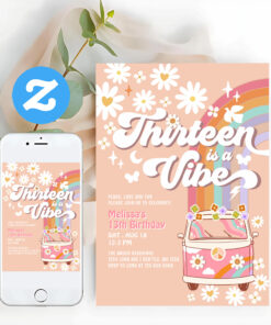 Thirteen Is A Vibe Groovy Daisy Rainbow Birthday Invitation