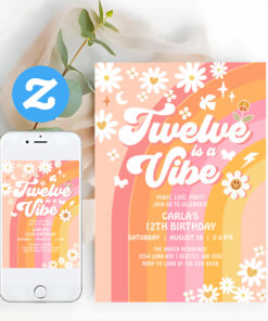 Twelve Is A Vibe Pink Peach 12th Groovy Birthday Invitation