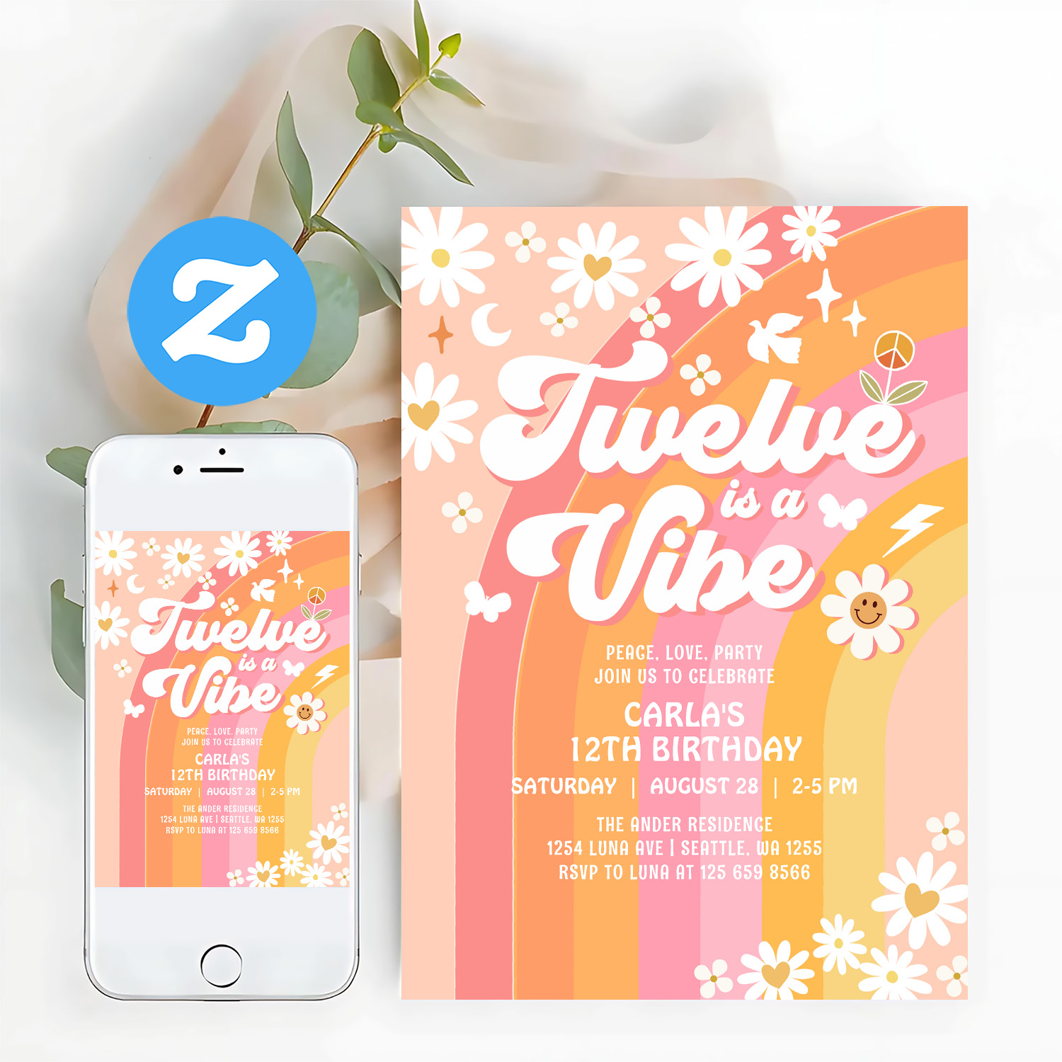 Twelve Is A Vibe Pink Peach 12th Groovy Birthday Invitation