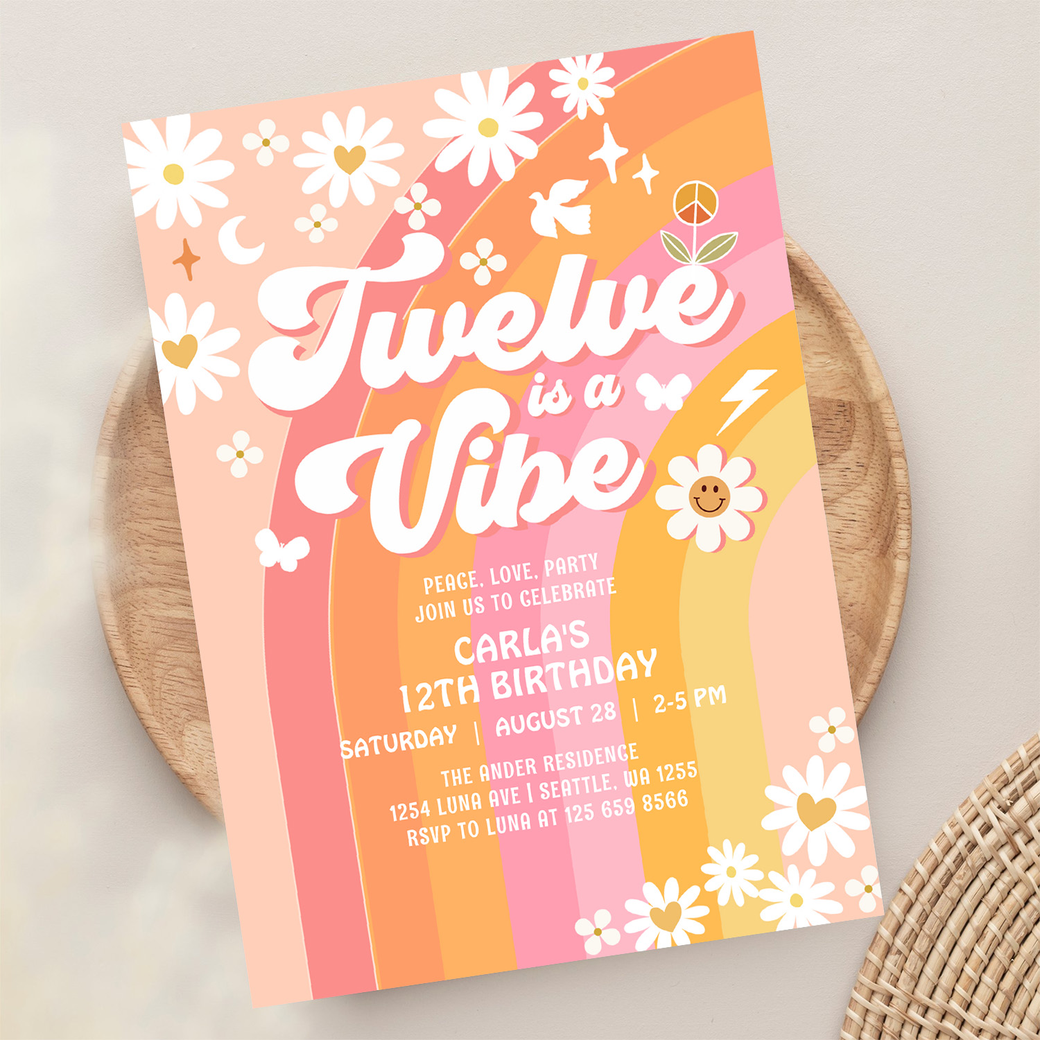 Twelve Is A Vibe Pink Peach 12th Groovy Birthday Invitation - Image 13