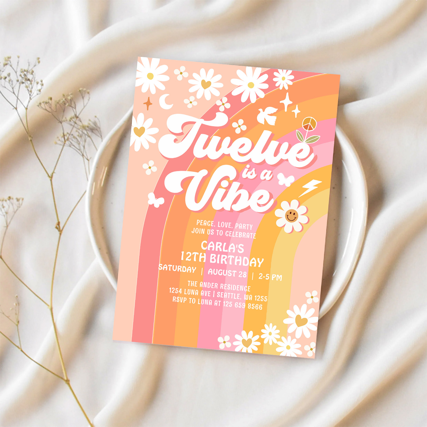 Twelve Is A Vibe Pink Peach 12th Groovy Birthday Invitation - Image 2