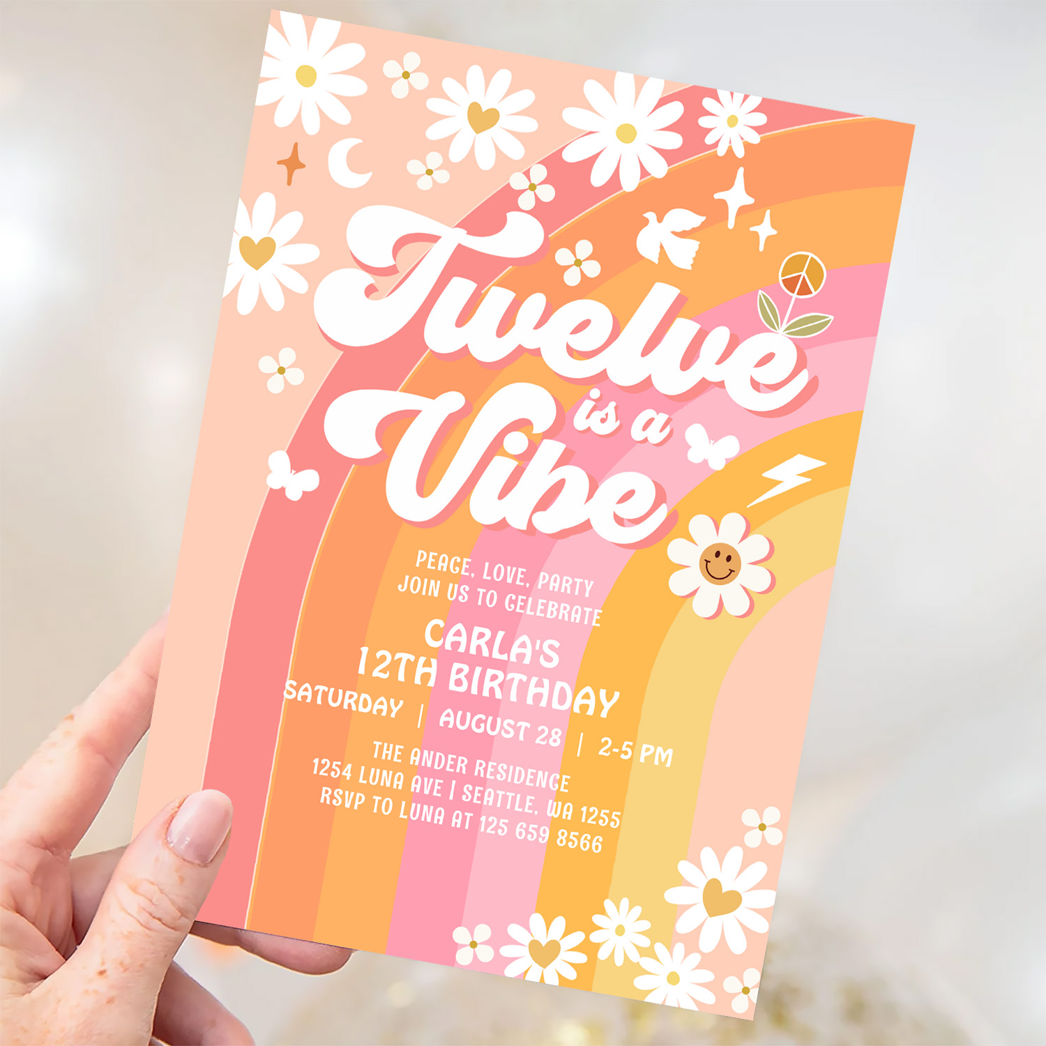 Twelve Is A Vibe Pink Peach 12th Groovy Birthday Invitation - Image 3