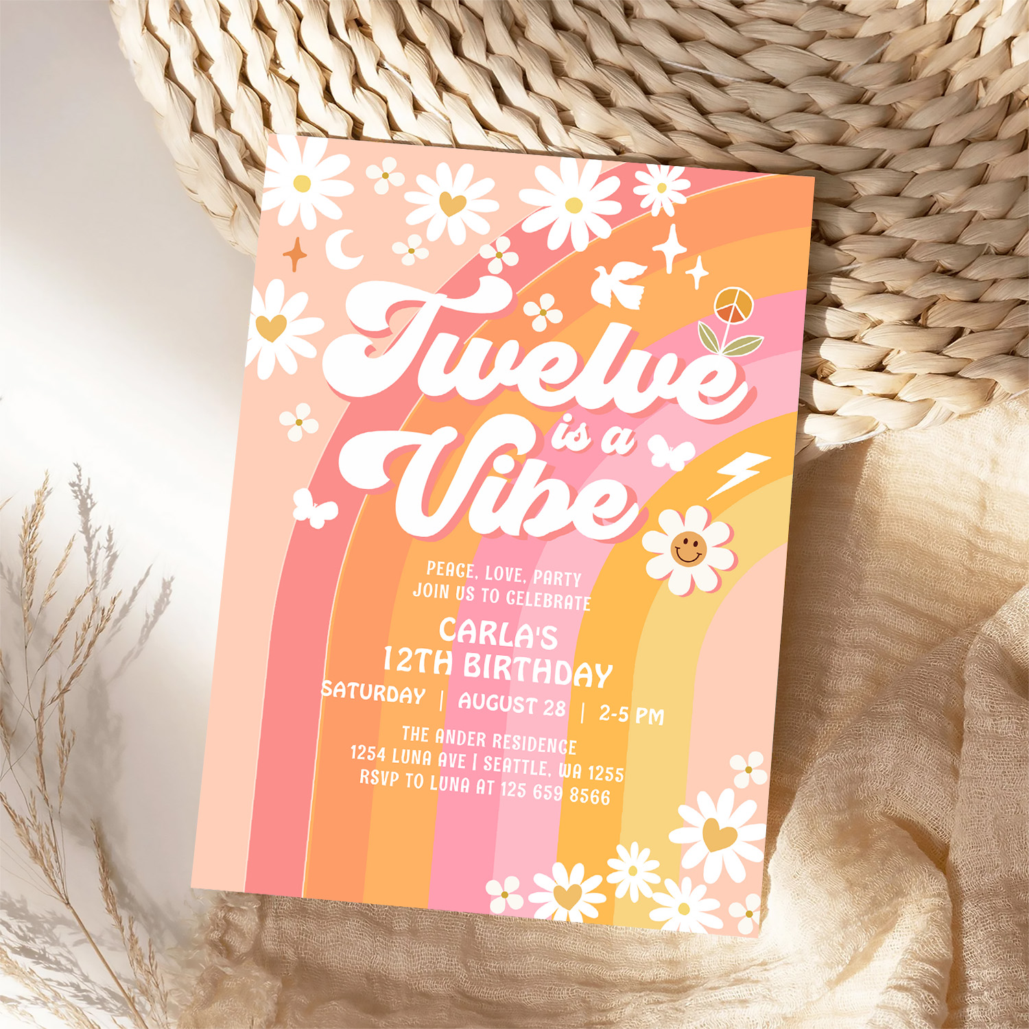 Twelve Is A Vibe Pink Peach 12th Groovy Birthday Invitation - Image 4