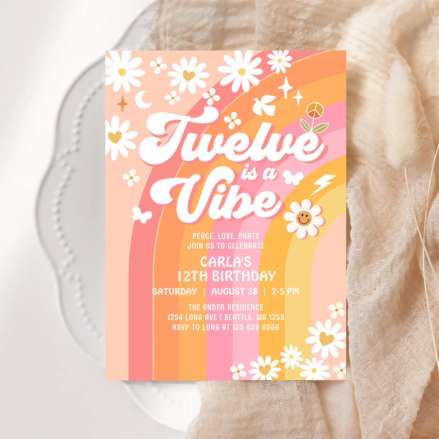 Twelve Is A Vibe Pink Peach 12th Groovy Birthday Invitation - Image 6