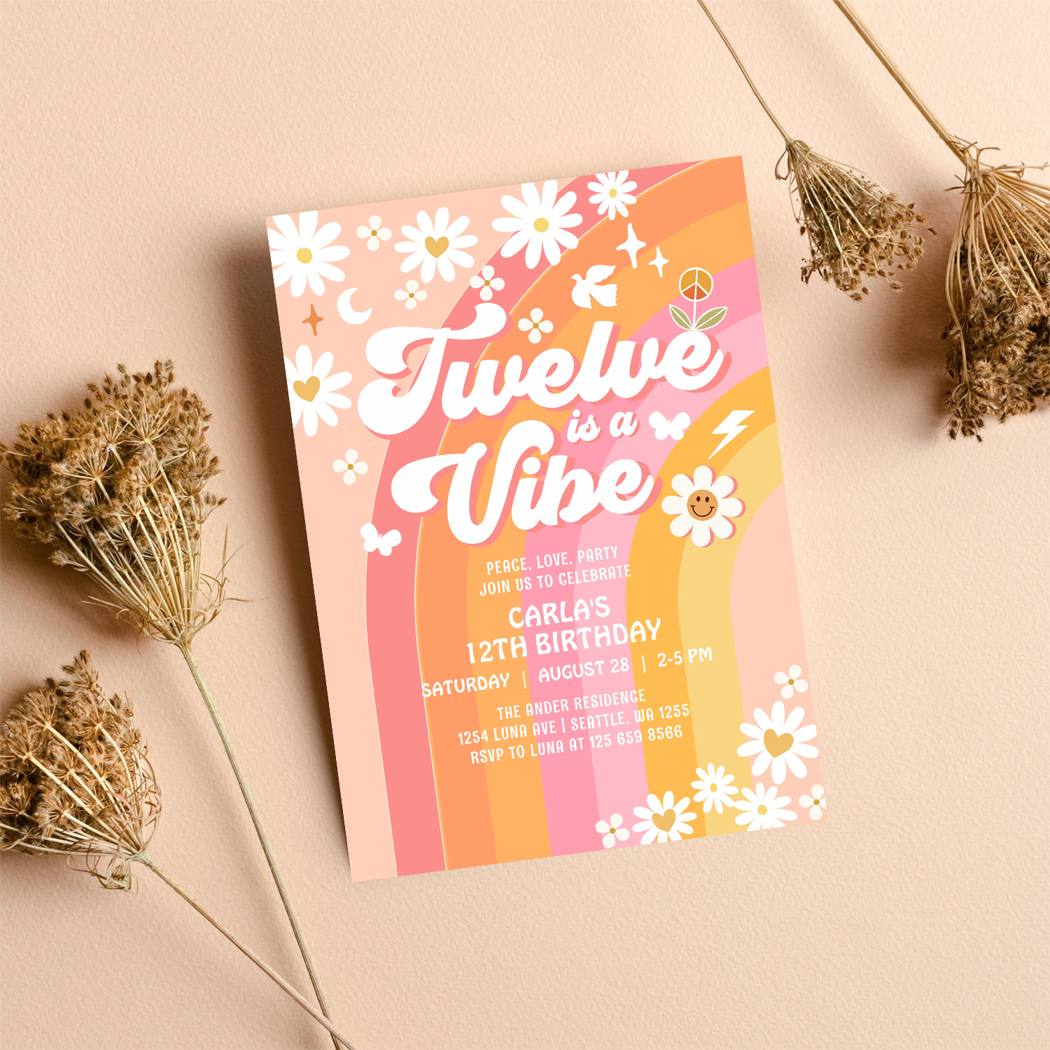 Twelve Is A Vibe Pink Peach 12th Groovy Birthday Invitation - Image 8