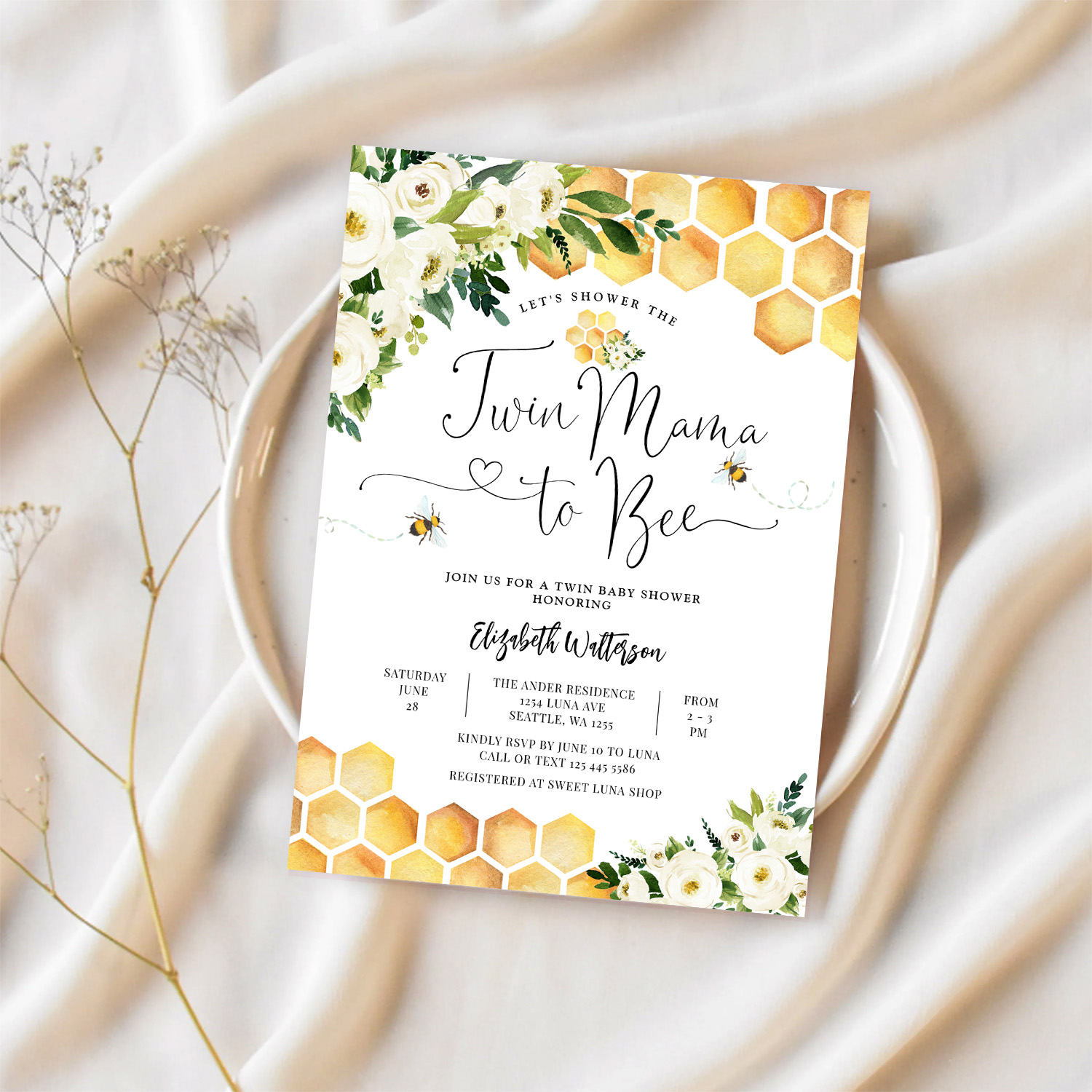 Twin Mama To Bee Gender Neutral Baby Shower Invitation - Image 2