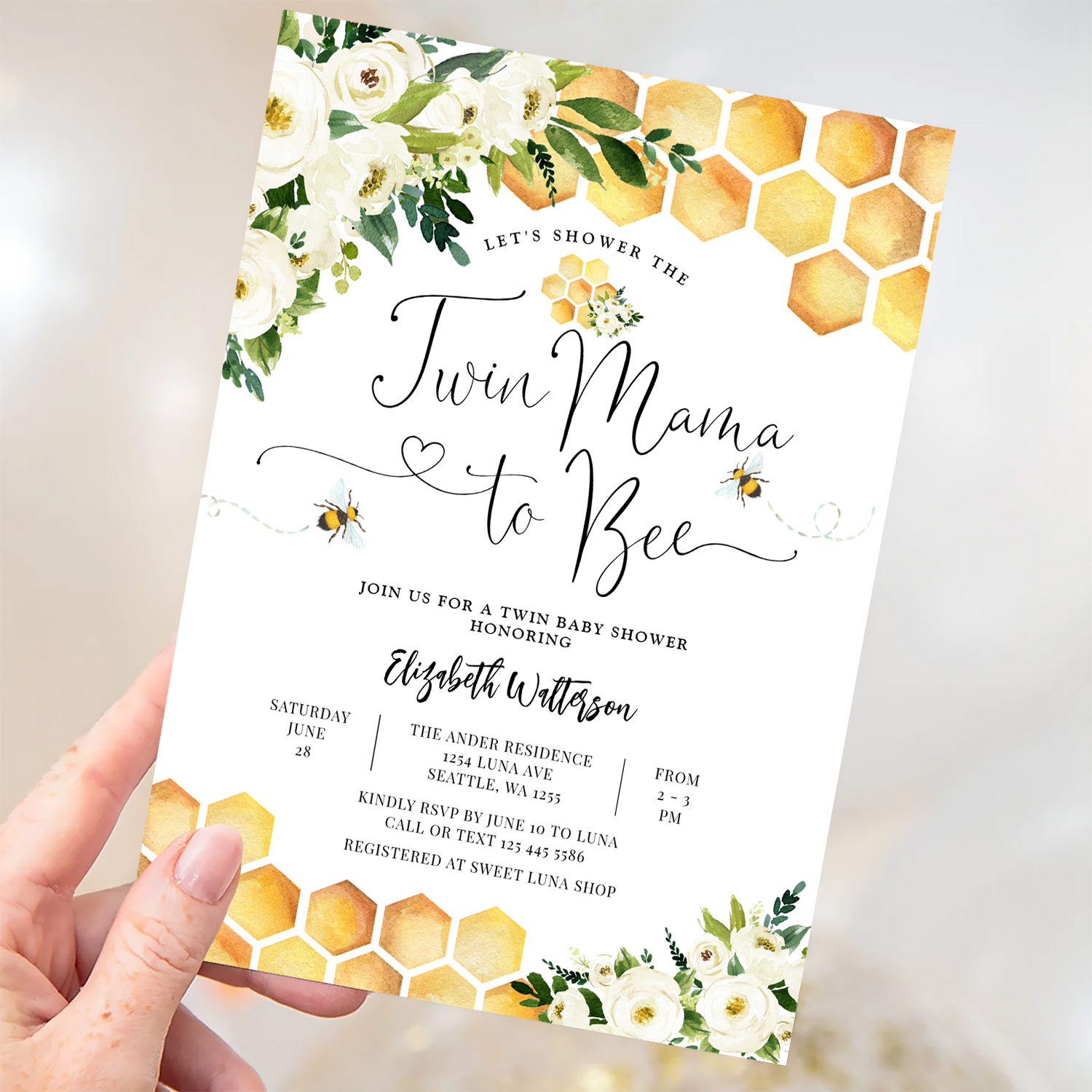 Twin Mama To Bee Gender Neutral Baby Shower Invitation - Image 3