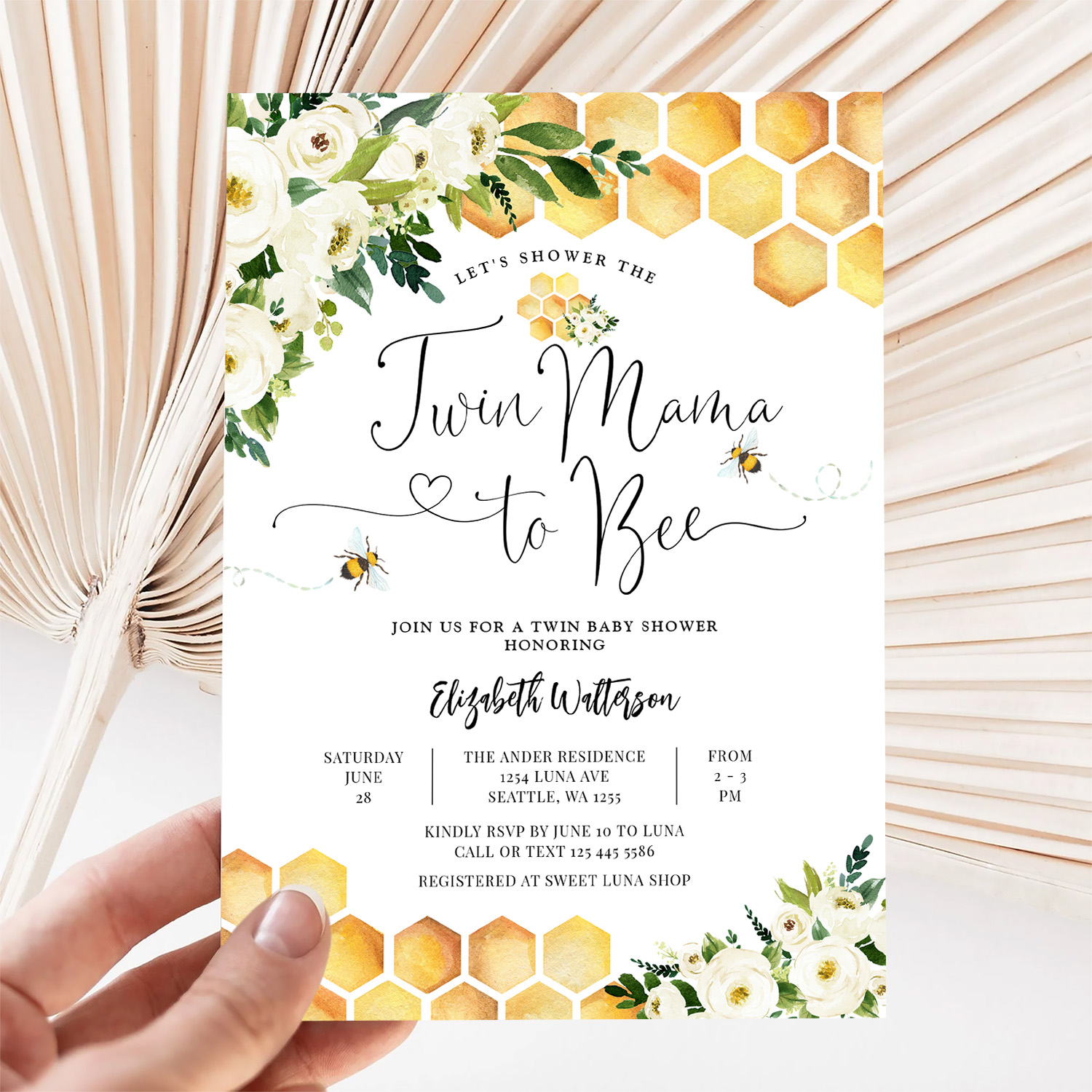 Twin Mama To Bee Gender Neutral Baby Shower Invitation - Image 5