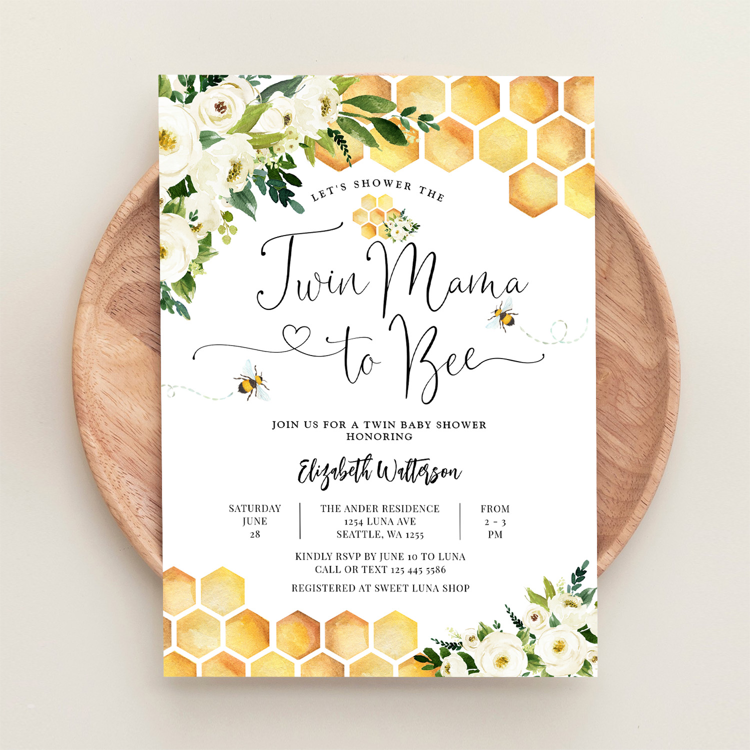 Twin Mama To Bee Gender Neutral Baby Shower Invitation - Image 7