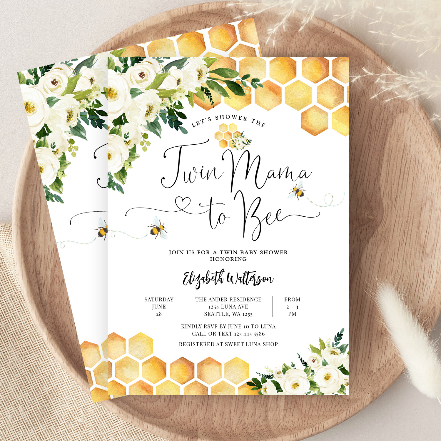 Twin Mama To Bee Gender Neutral Baby Shower Invitation - Image 9