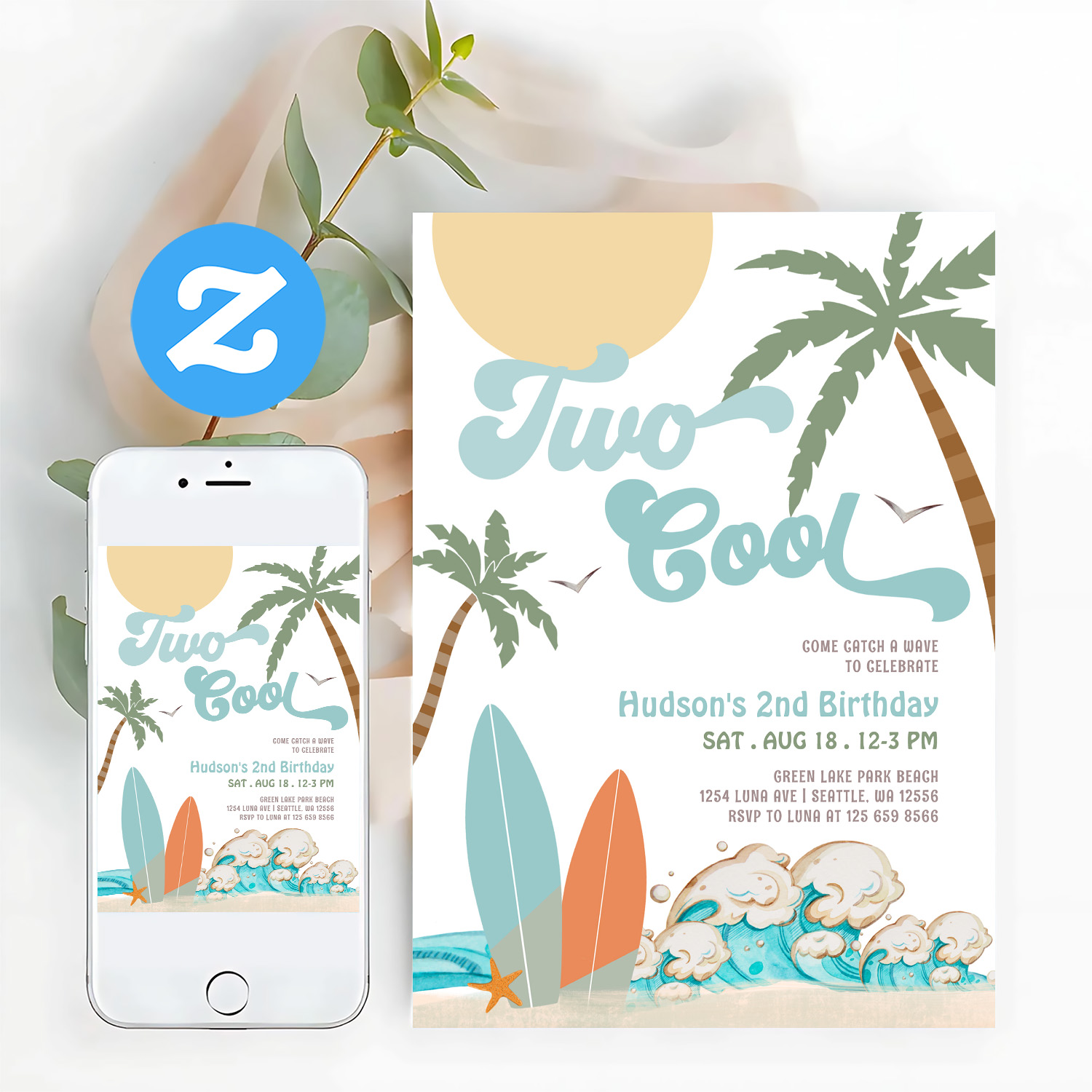 Two Cool Boy Surf Surfing 2nd Birthday Beach Party Invitation