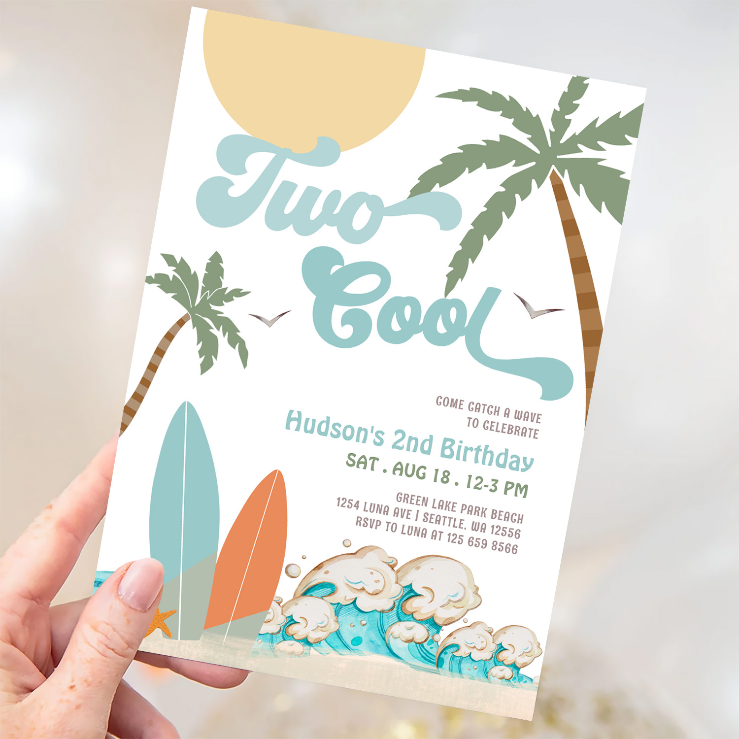 Two Cool Boy Surf Surfing 2nd Birthday Beach Party Invitation - Image 3