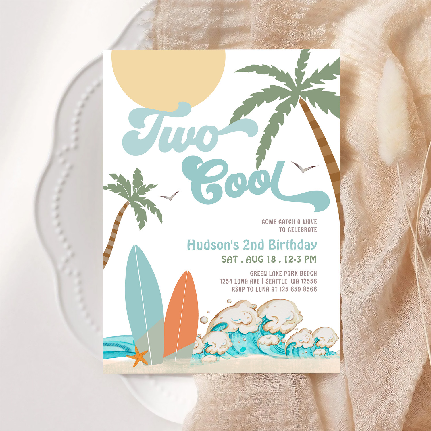 Two Cool Boy Surf Surfing 2nd Birthday Beach Party Invitation - Image 6