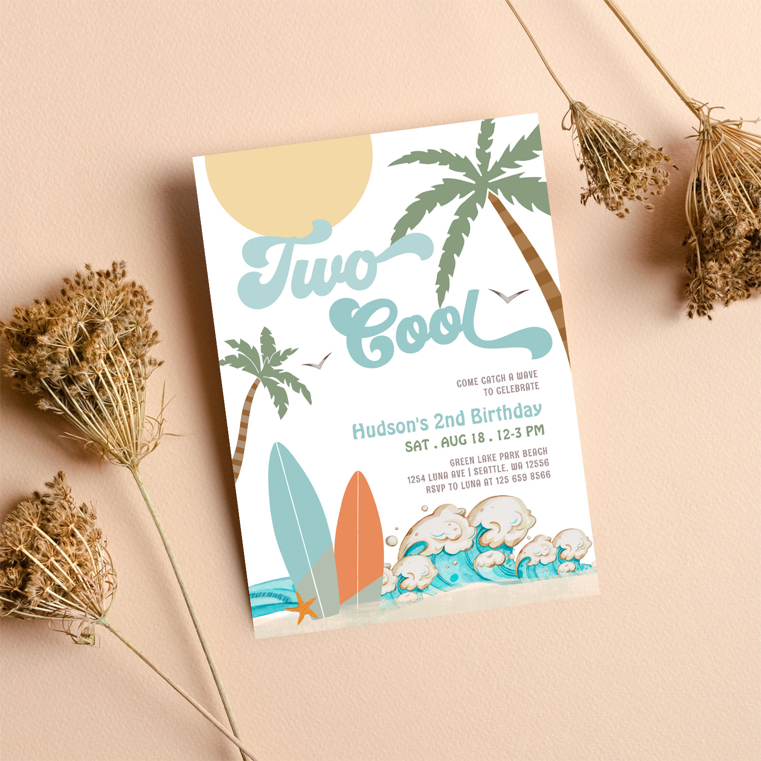 Two Cool Boy Surf Surfing 2nd Birthday Beach Party Invitation - Image 8