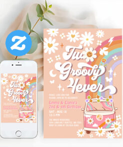 Two Groovy 4Ever Joint 2 Ages Pink Groovy Birthday Invitation