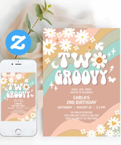 Two Groovy Beige Green Daisy Hippie 2nd Birthday Invitation