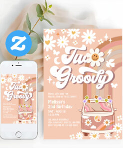Two Groovy Beige Mauve Daisy 2nd Birthday Invitation