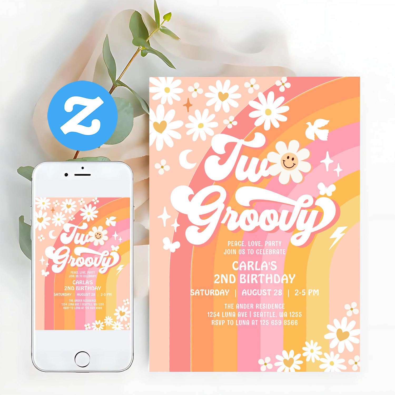 Two Groovy Birthday Daisy Hippie Birthday Invitation