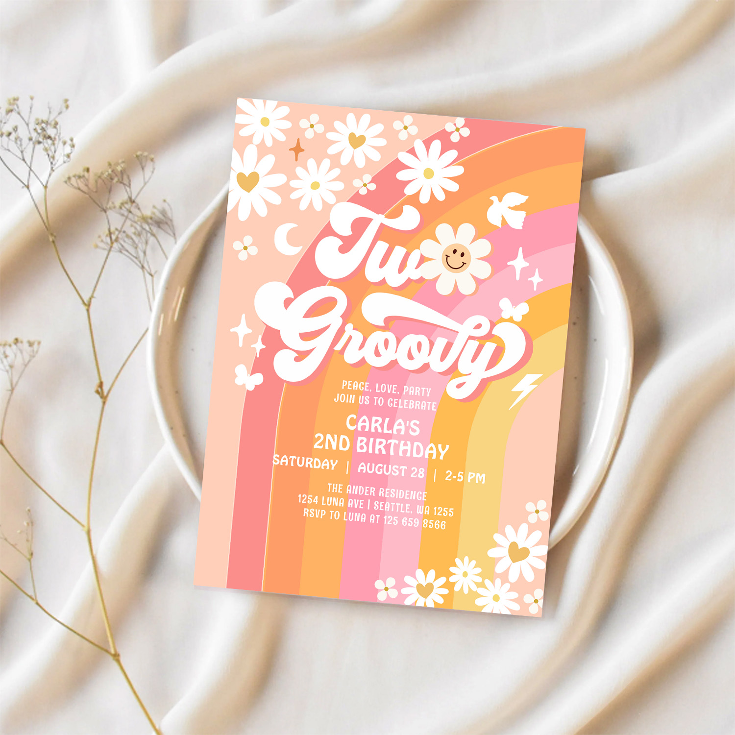 Two Groovy Birthday Daisy Hippie Birthday Invitation - Image 2