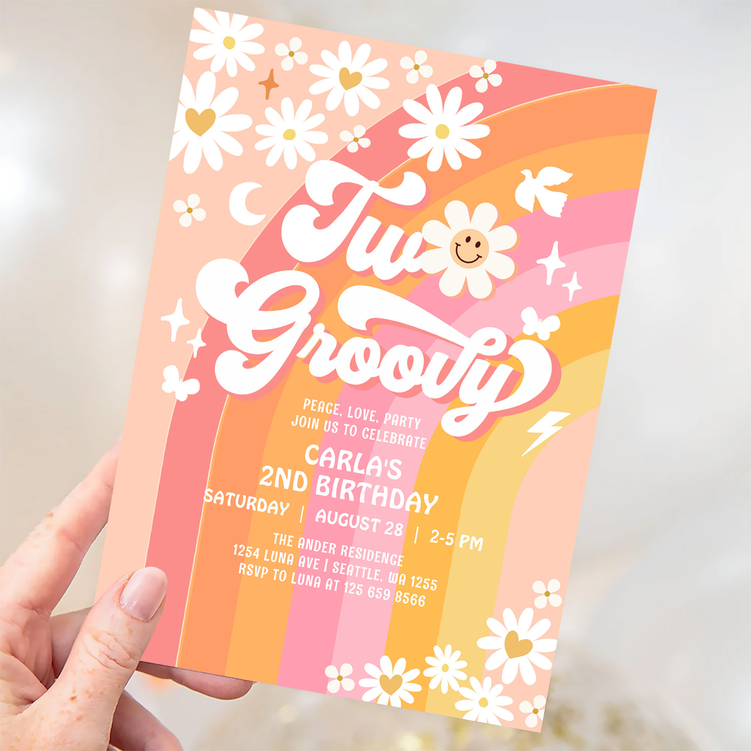 Two Groovy Birthday Daisy Hippie Birthday Invitation - Image 3