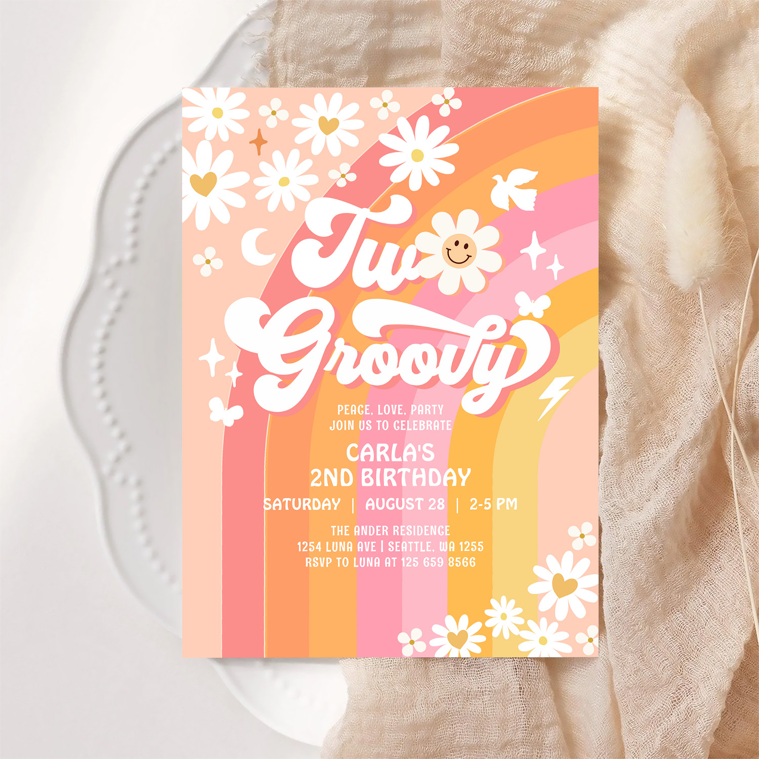 Two Groovy Birthday Daisy Hippie Birthday Invitation - Image 6