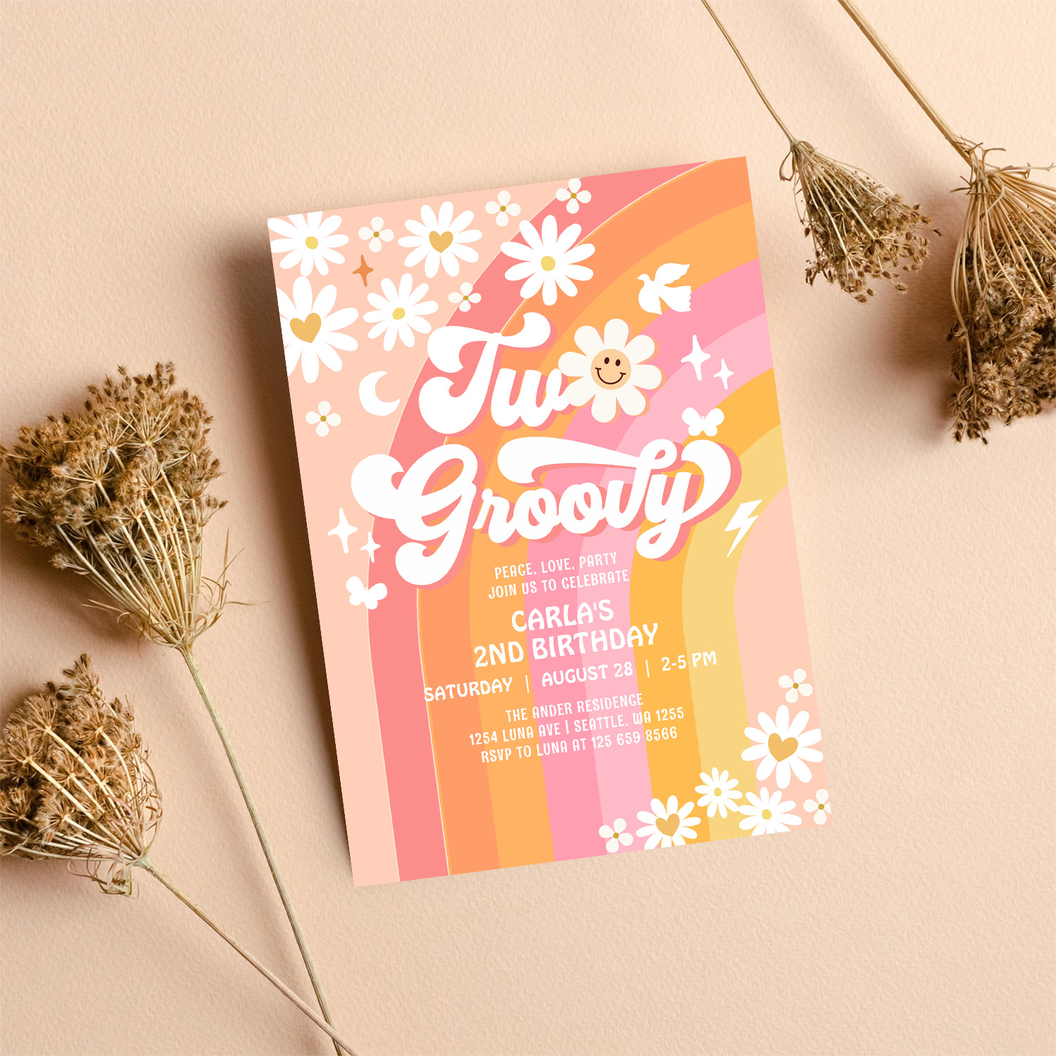 Two Groovy Birthday Daisy Hippie Birthday Invitation - Image 8