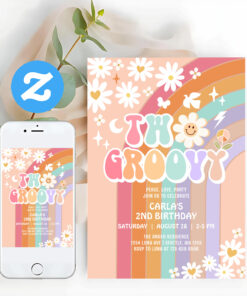 Two Groovy Daisy Hippie 70S Retro 1st Birthday Invitation