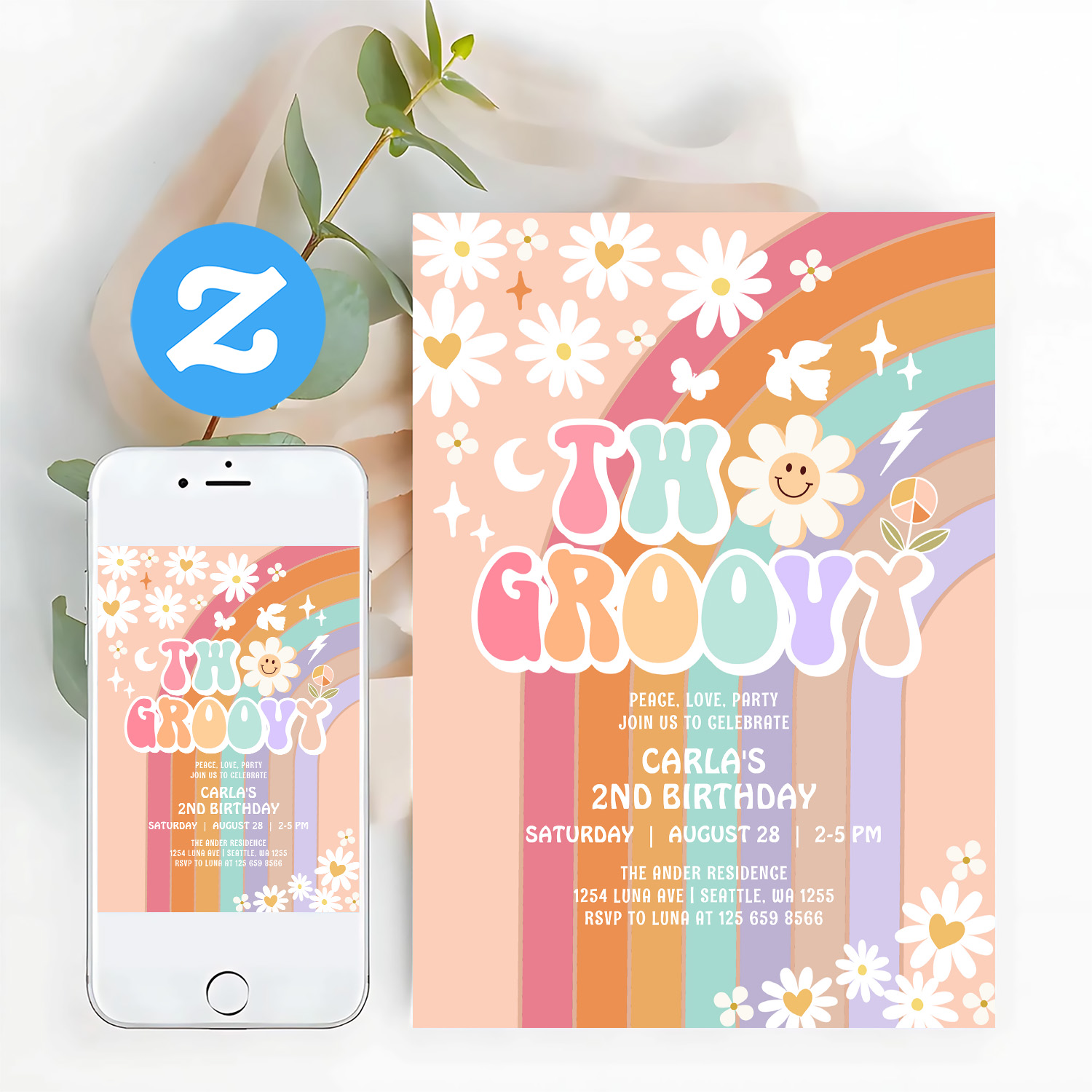 Two Groovy Daisy Hippie 70S Retro 1st Birthday Invitation