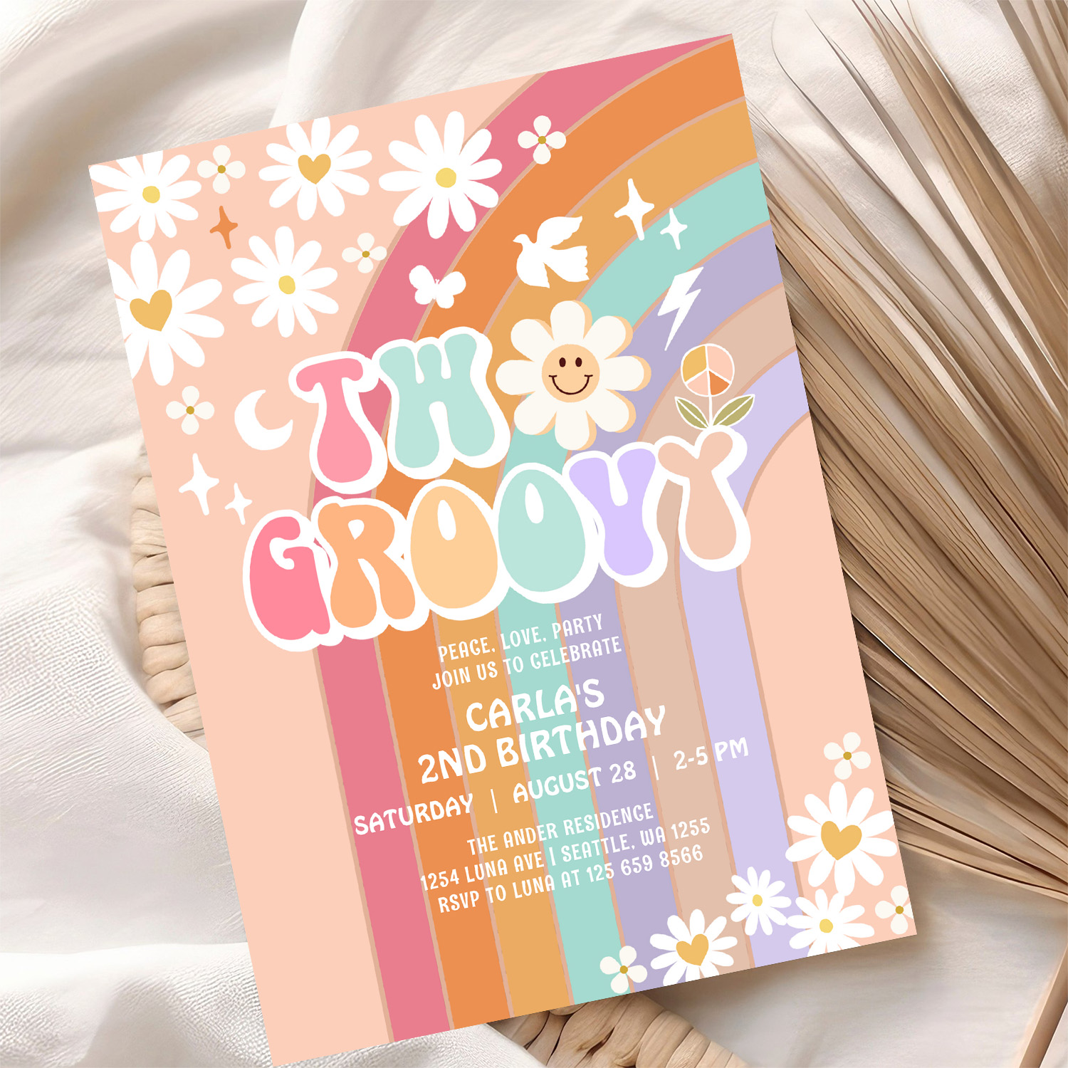 Two Groovy Daisy Hippie 70S Retro 1st Birthday Invitation - Image 10