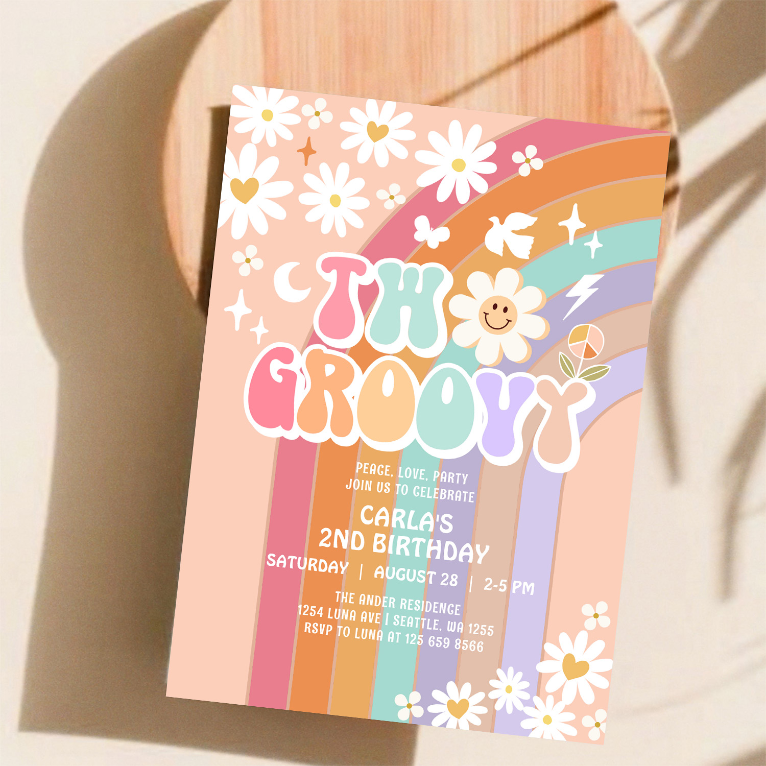Two Groovy Daisy Hippie 70S Retro 1st Birthday Invitation - Image 11