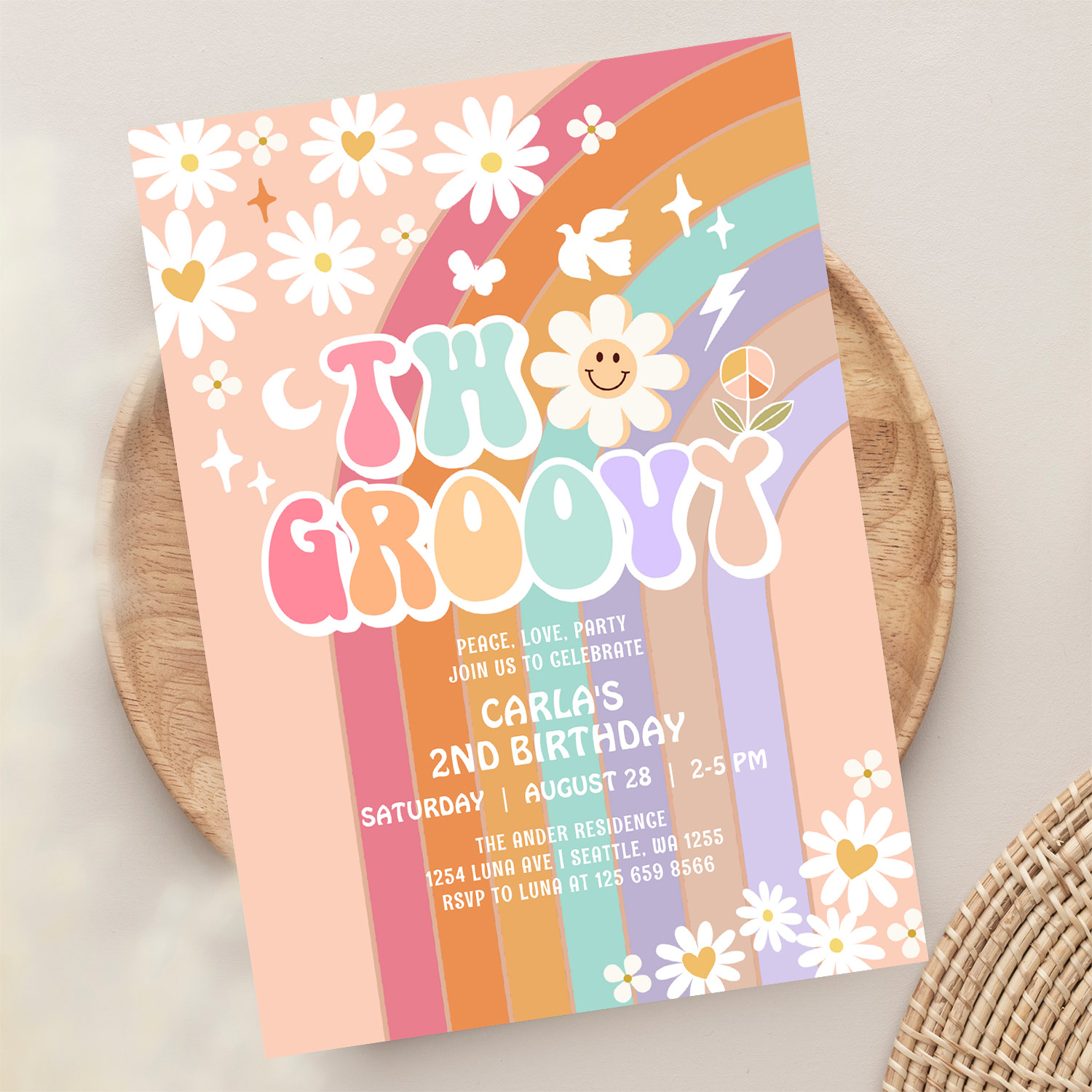Two Groovy Daisy Hippie 70S Retro 1st Birthday Invitation - Image 13