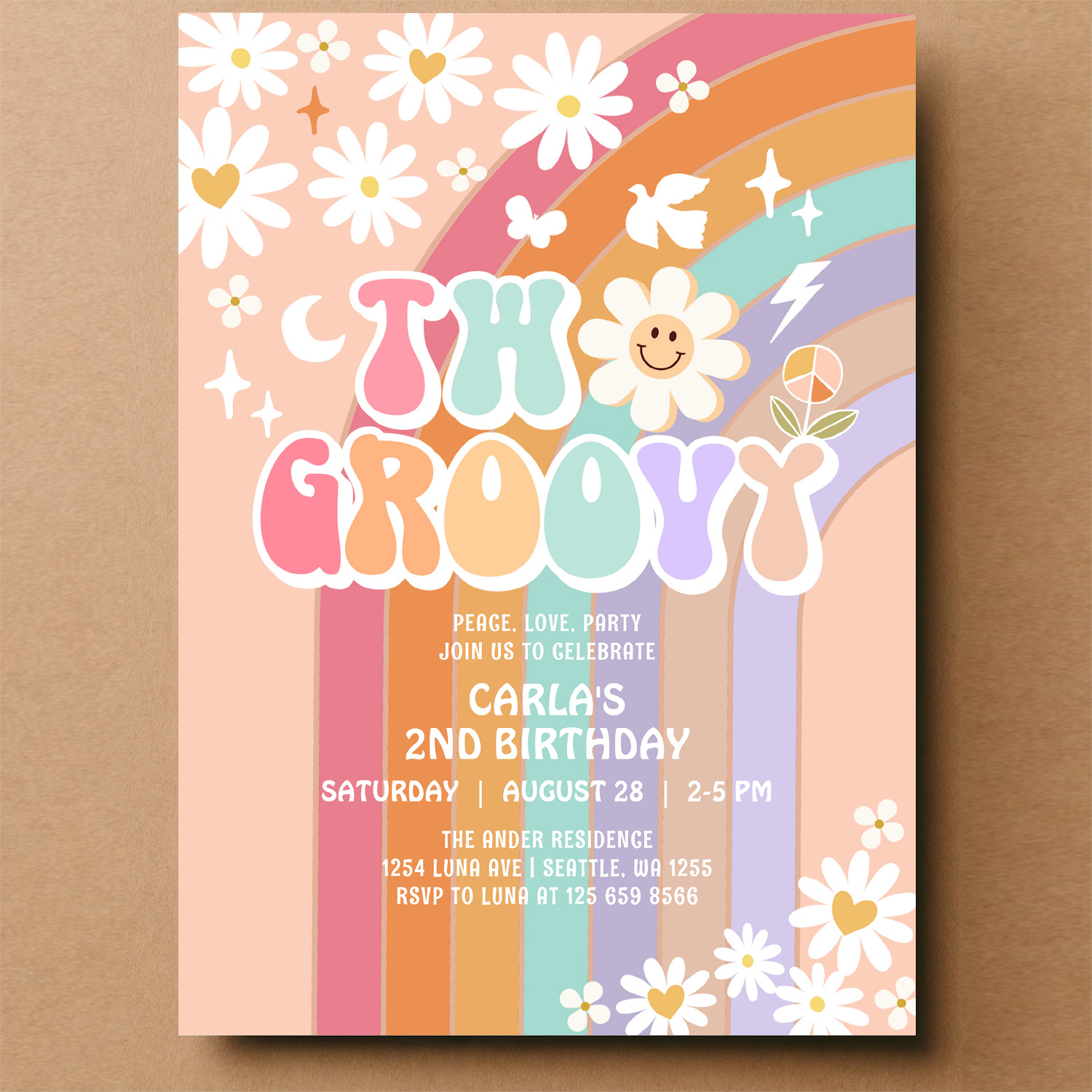 Two Groovy Daisy Hippie 70S Retro 1st Birthday Invitation - Image 14