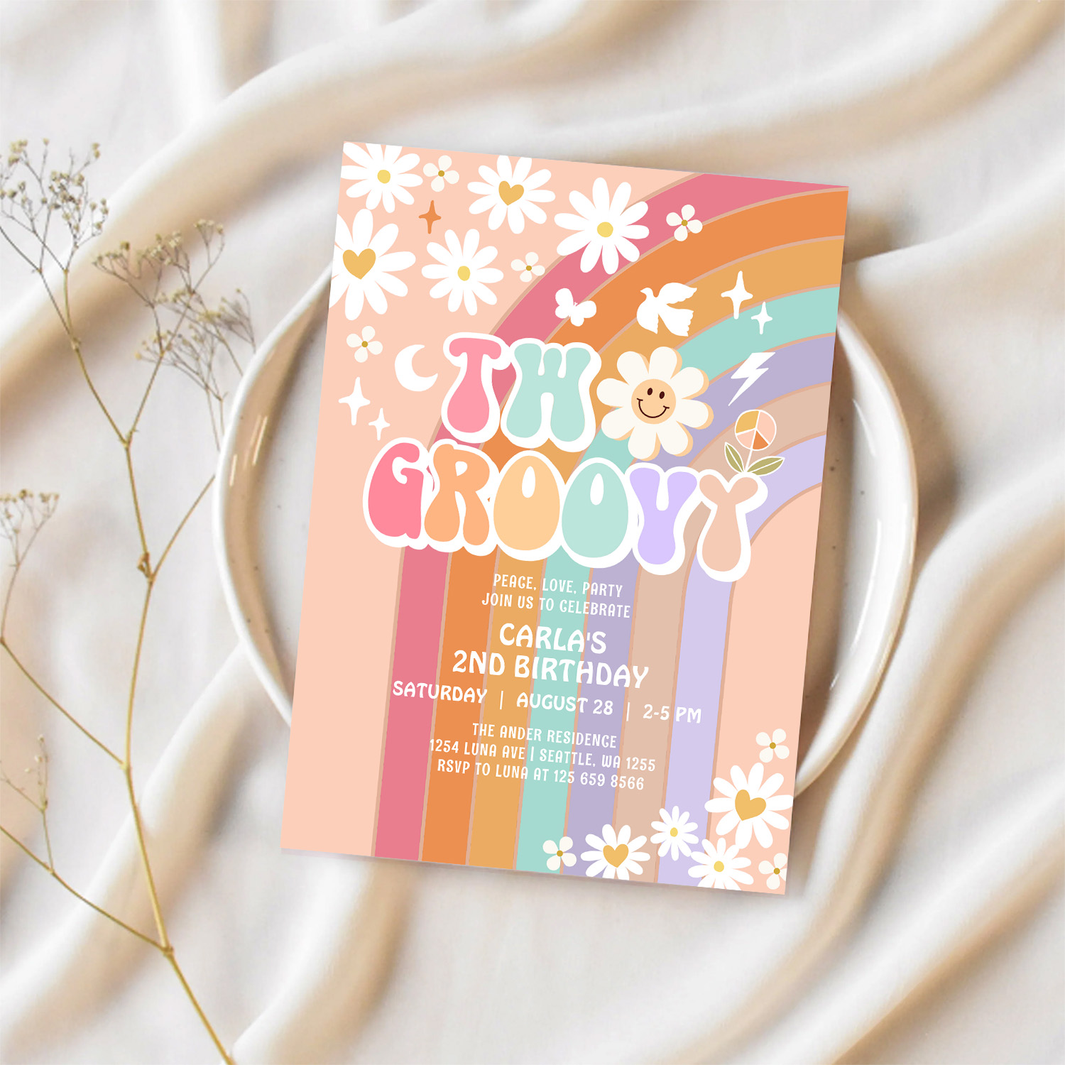 Two Groovy Daisy Hippie 70S Retro 1st Birthday Invitation - Image 2