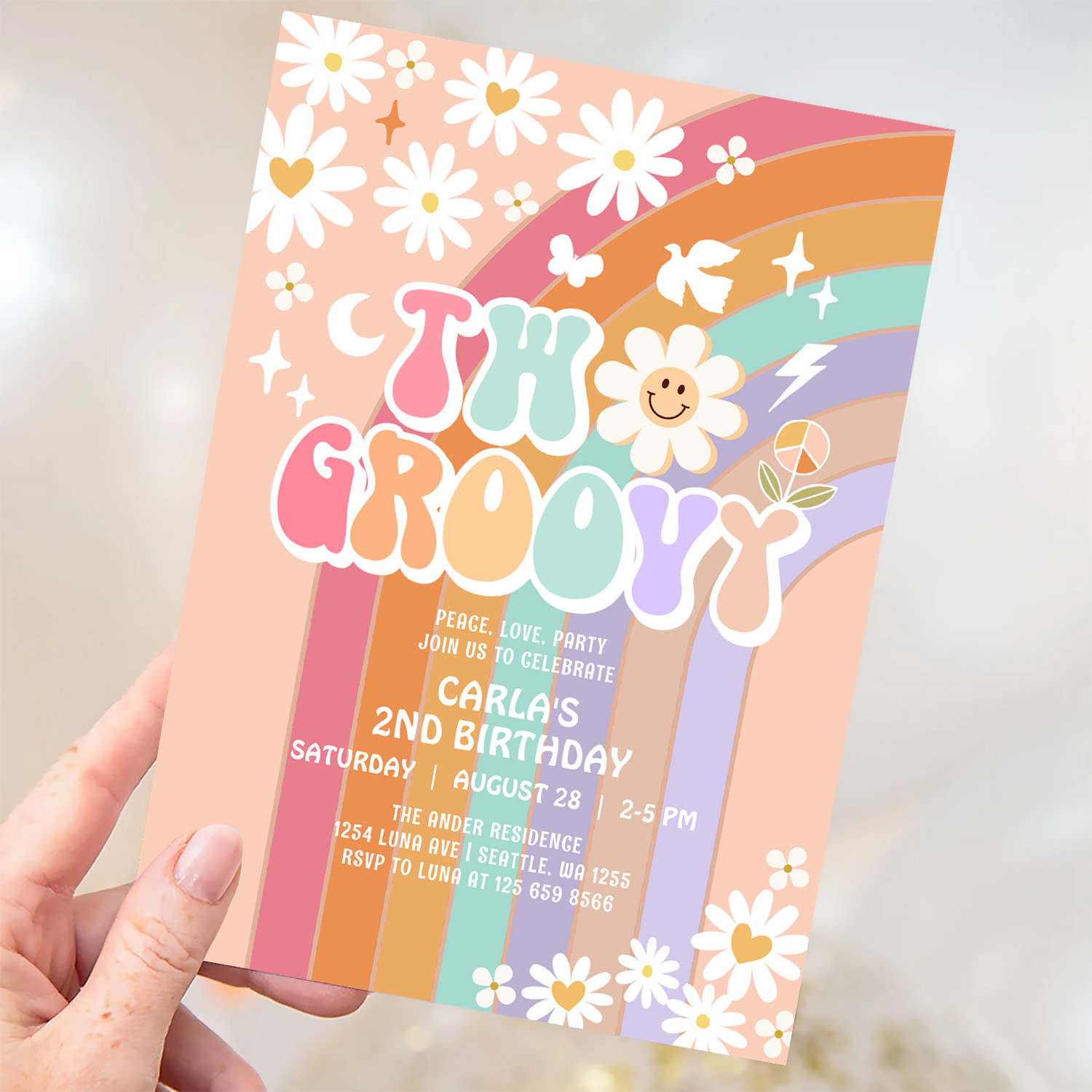 Two Groovy Daisy Hippie 70S Retro 1st Birthday Invitation - Image 3